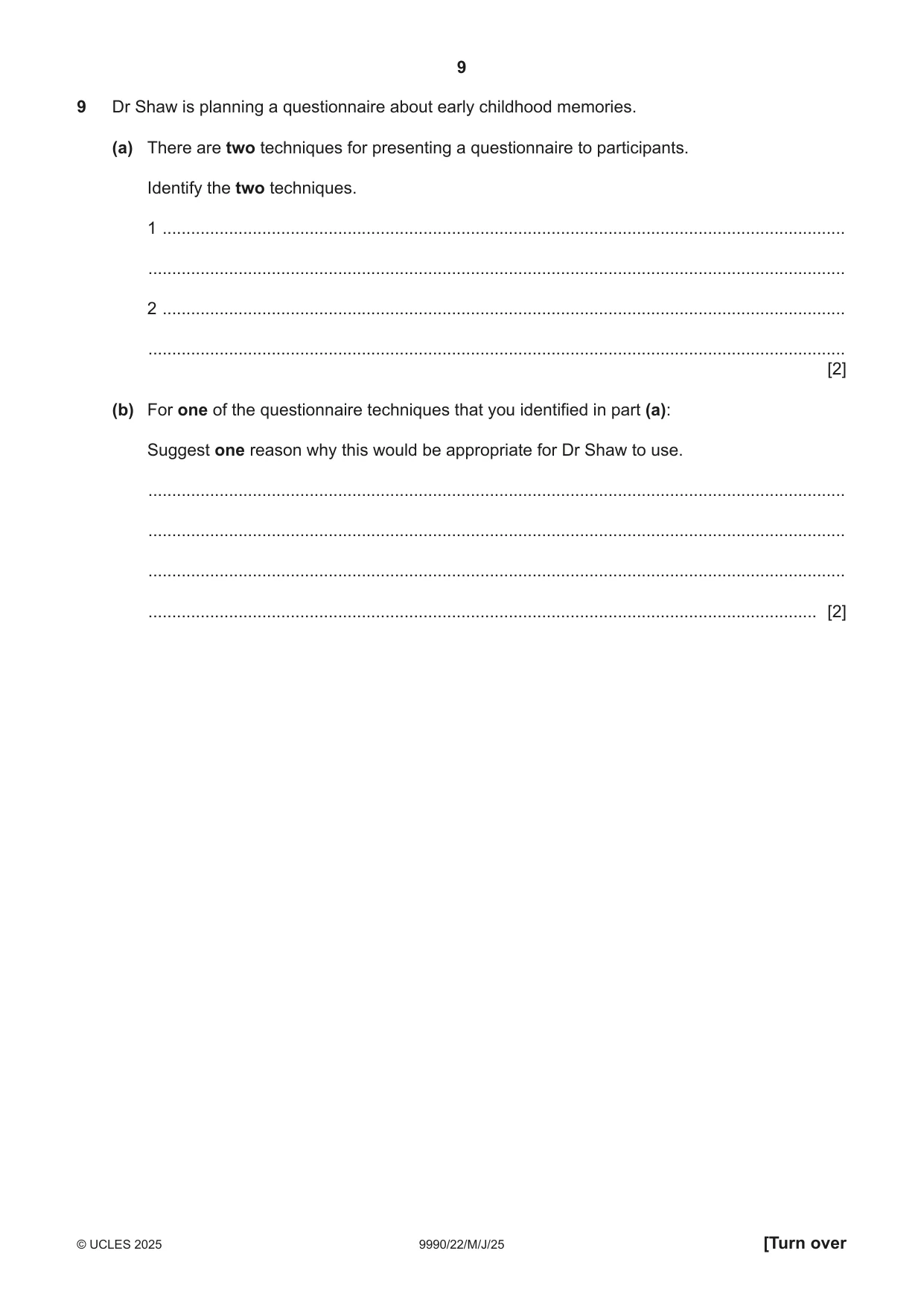 Cambridge A Level Psychology (from 2018) 9990 2025 May/June Paper 2 · Variant 2 question paper, page 9 of 12