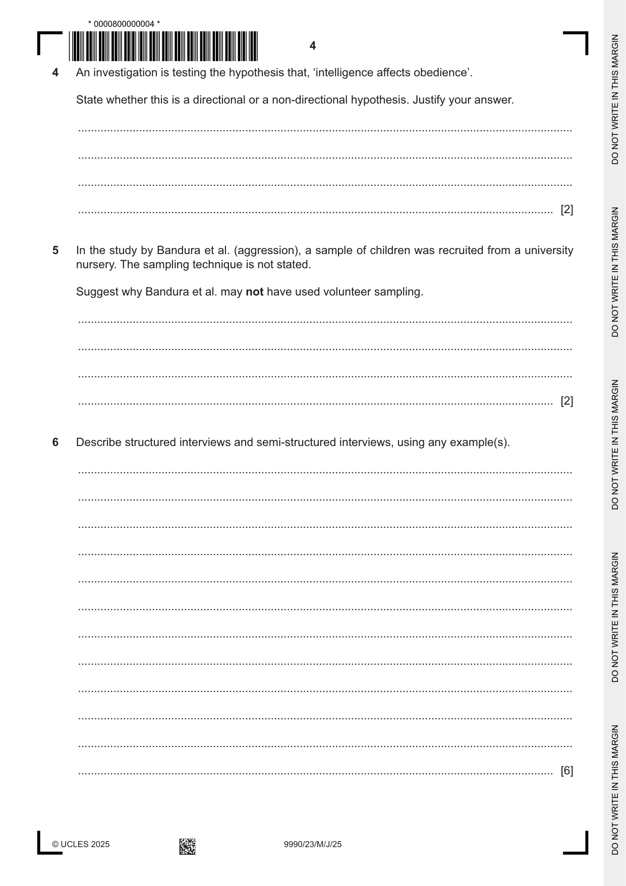 Cambridge A Level Psychology (from 2018) 9990 2025 May/June Paper 2 · Variant 3 question paper, page 4 of 12
