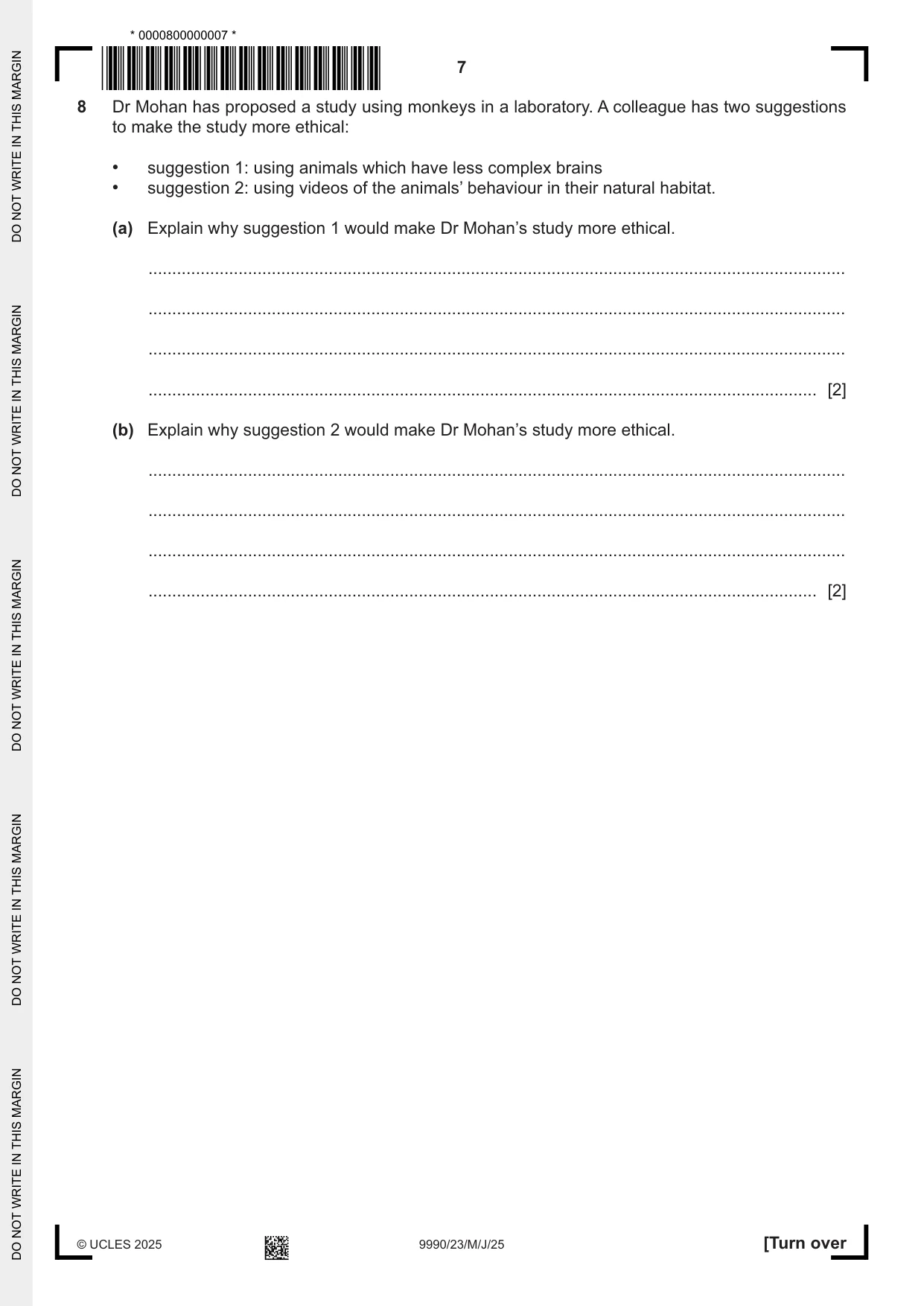 Cambridge A Level Psychology (from 2018) 9990 2025 May/June Paper 2 · Variant 3 question paper, page 7 of 12