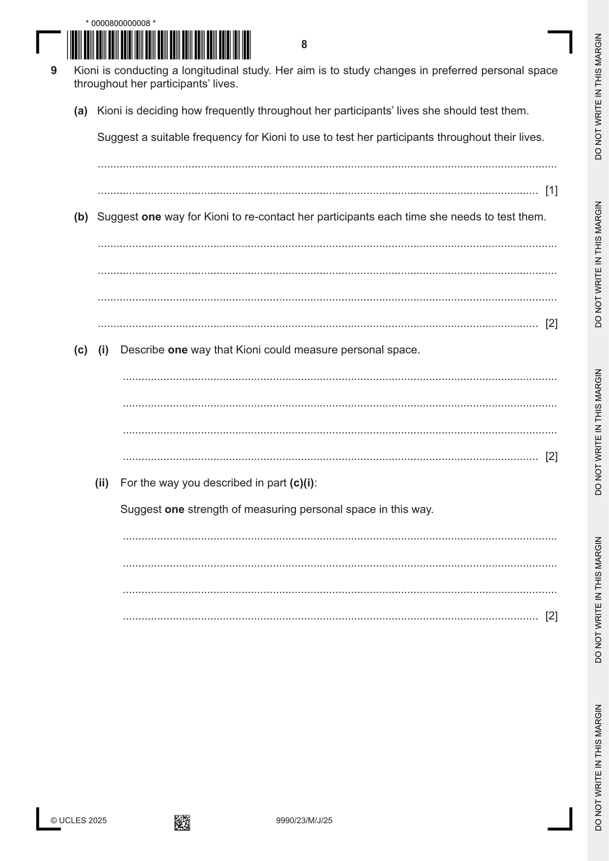 Cambridge A Level Psychology (from 2018) 9990 2025 May/June Paper 2 · Variant 3 question paper, page 8 of 12