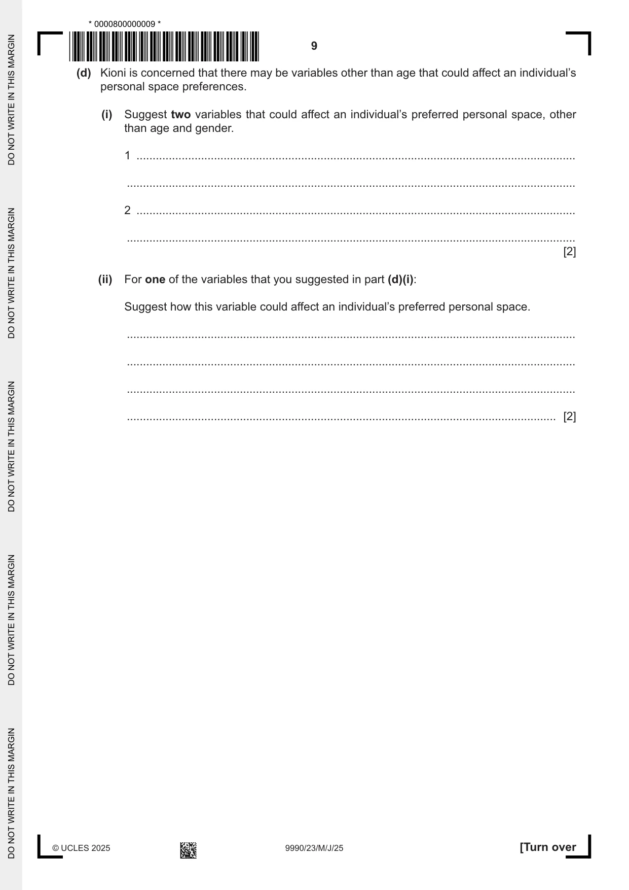 Cambridge A Level Psychology (from 2018) 9990 2025 May/June Paper 2 · Variant 3 question paper, page 9 of 12
