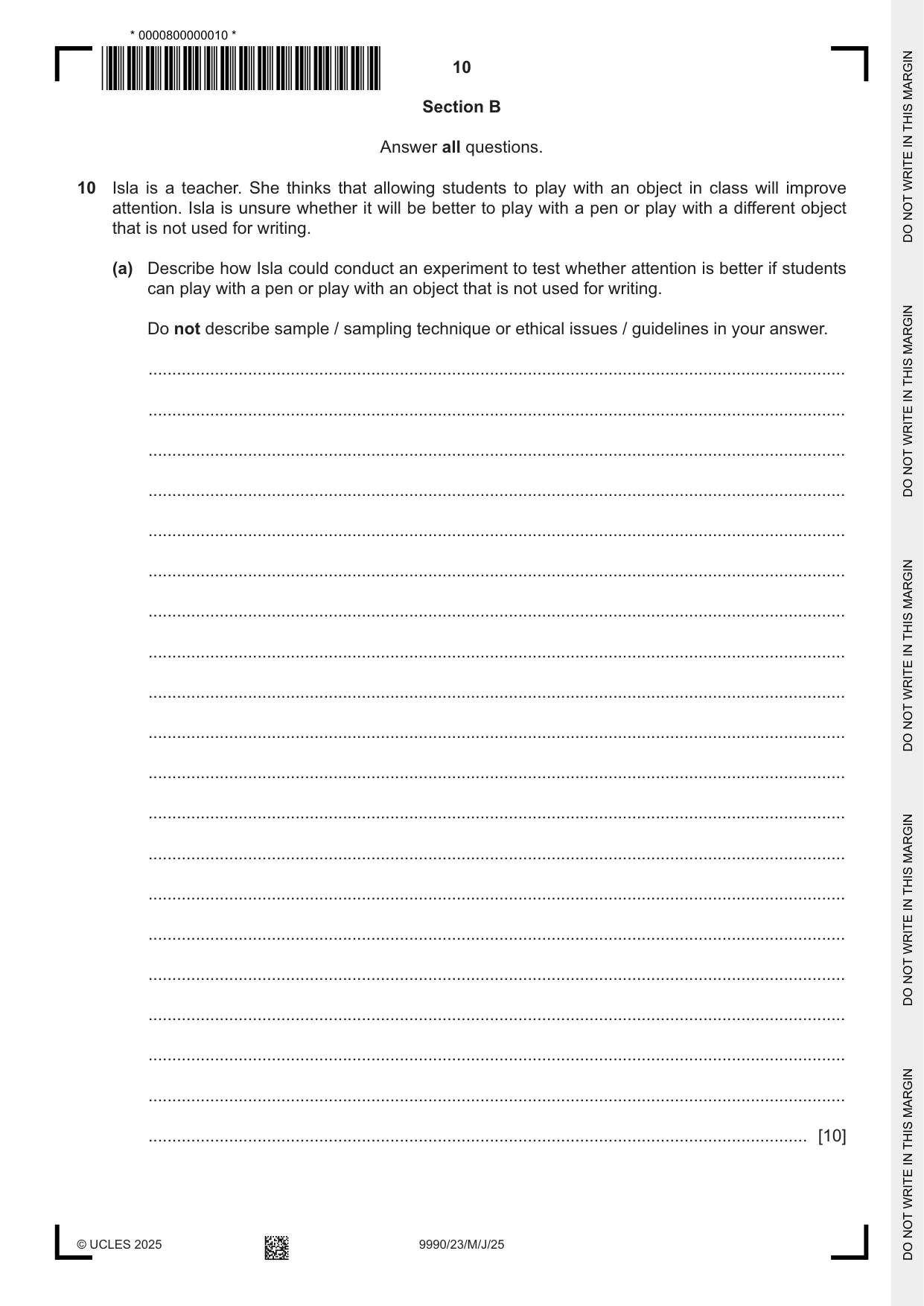 Cambridge A Level Psychology (from 2018) 9990 2025 May/June Paper 2 · Variant 3 question paper, page 10 of 12