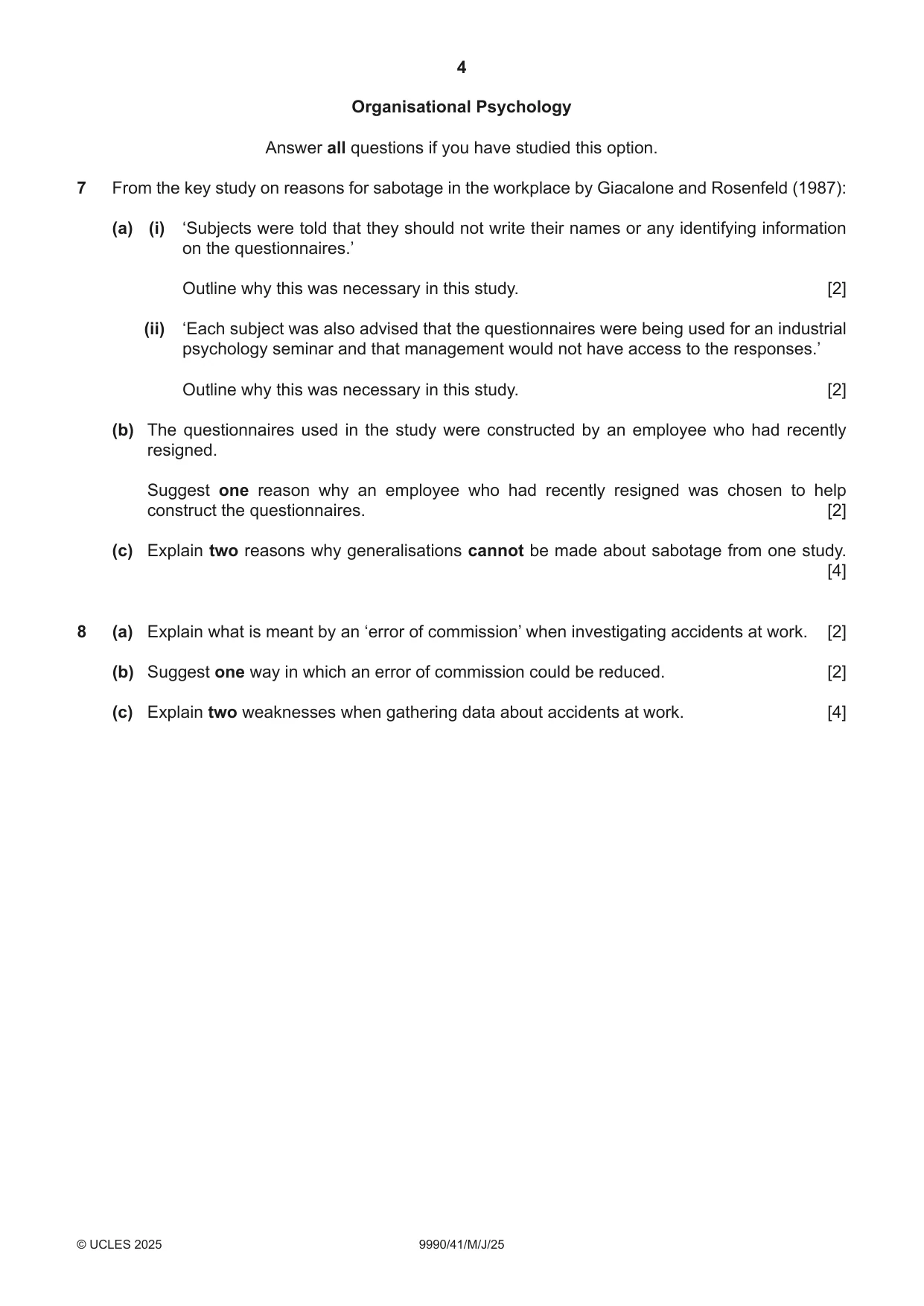 Cambridge A Level Psychology (from 2018) 9990 2025 May/June Paper 4 · Variant 1 question paper, page 4 of 8