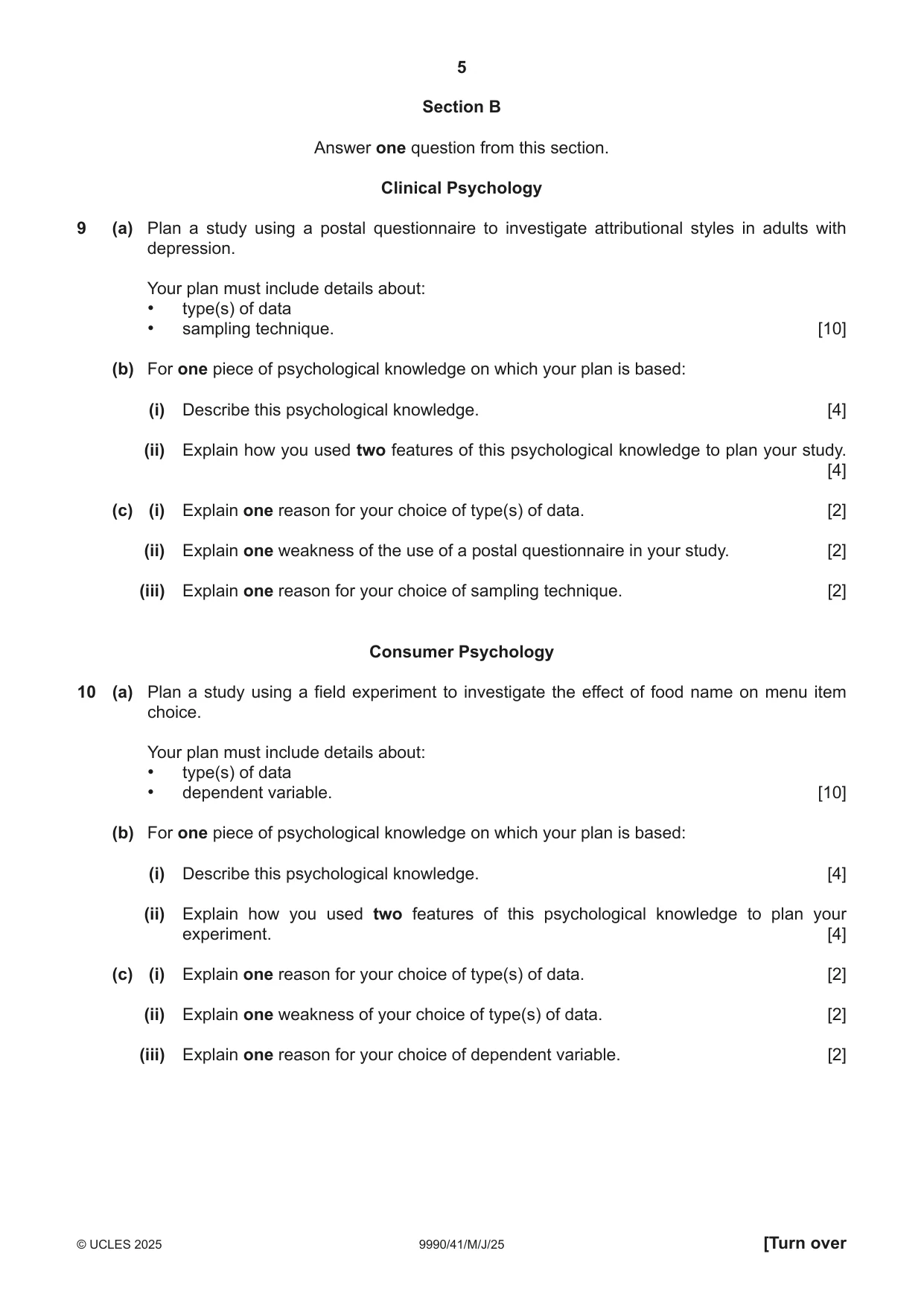 Cambridge A Level Psychology (from 2018) 9990 2025 May/June Paper 4 · Variant 1 question paper, page 5 of 8