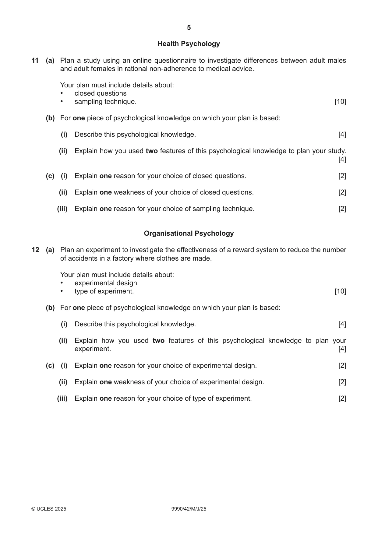 Cambridge A Level Psychology (from 2018) 9990 2025 May/June Paper 4 · Variant 2 question paper, page 5 of 8