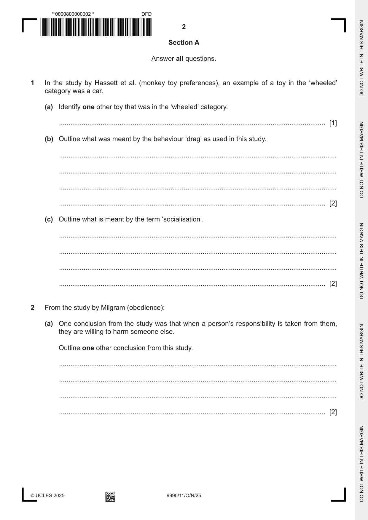 Cambridge A Level Psychology (from 2018) 9990 2025 Oct/Nov Paper 1 · Variant 1 question paper, page 2 of 12