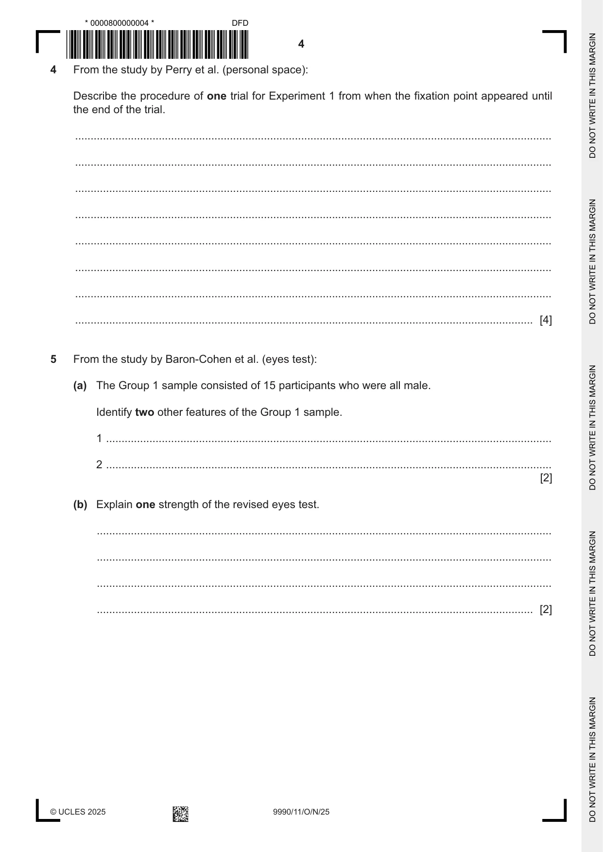 Cambridge A Level Psychology (from 2018) 9990 2025 Oct/Nov Paper 1 · Variant 1 question paper, page 4 of 12
