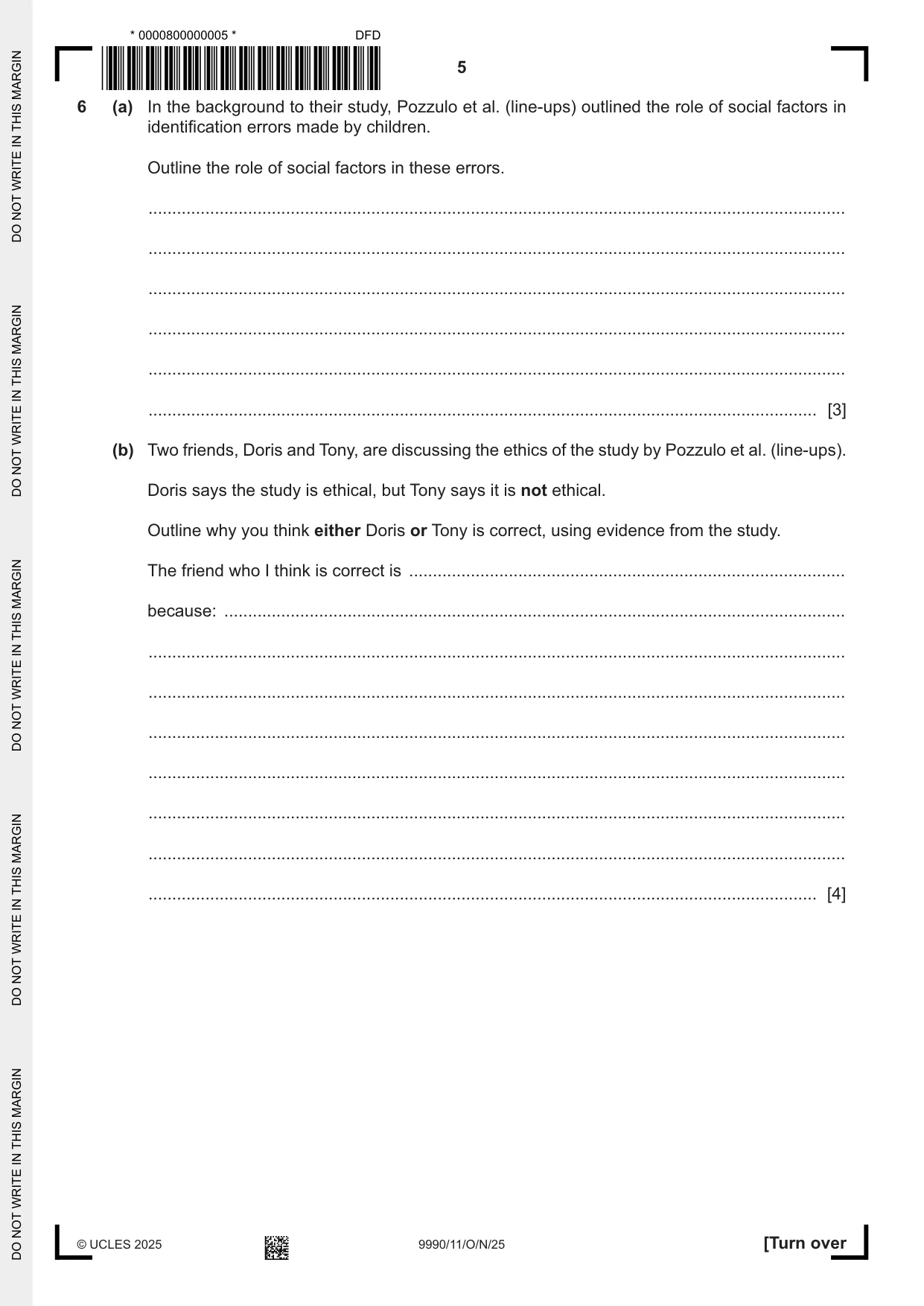 Cambridge A Level Psychology (from 2018) 9990 2025 Oct/Nov Paper 1 · Variant 1 question paper, page 5 of 12