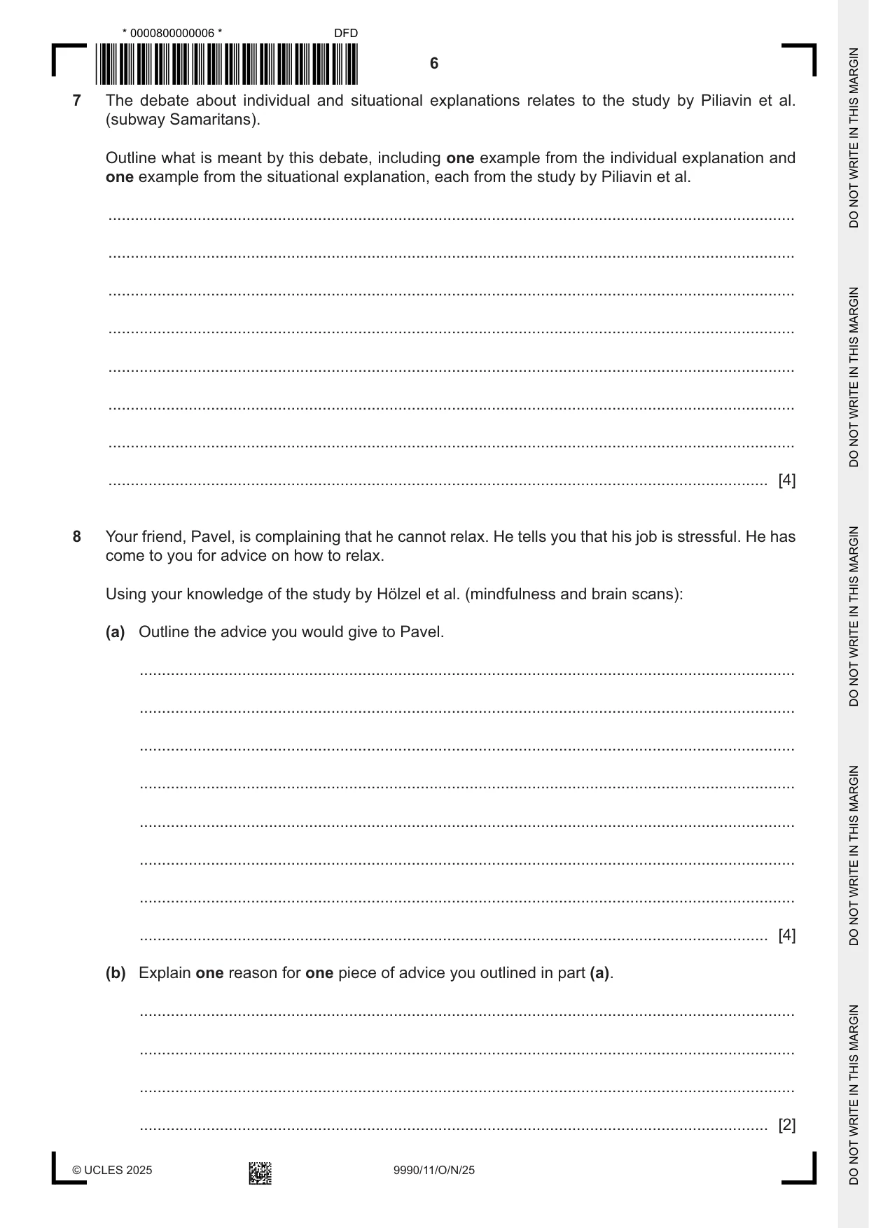 Cambridge A Level Psychology (from 2018) 9990 2025 Oct/Nov Paper 1 · Variant 1 question paper, page 6 of 12