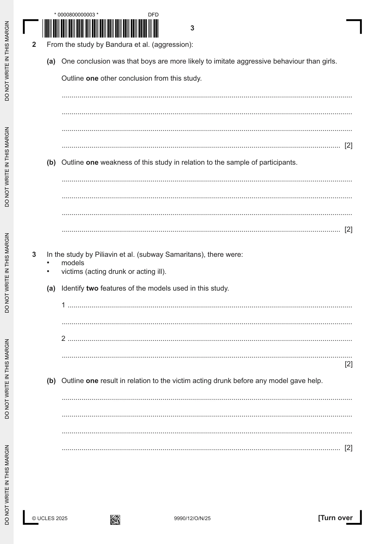 Cambridge A Level Psychology (from 2018) 9990 2025 Oct/Nov Paper 1 · Variant 2 question paper, page 3 of 12