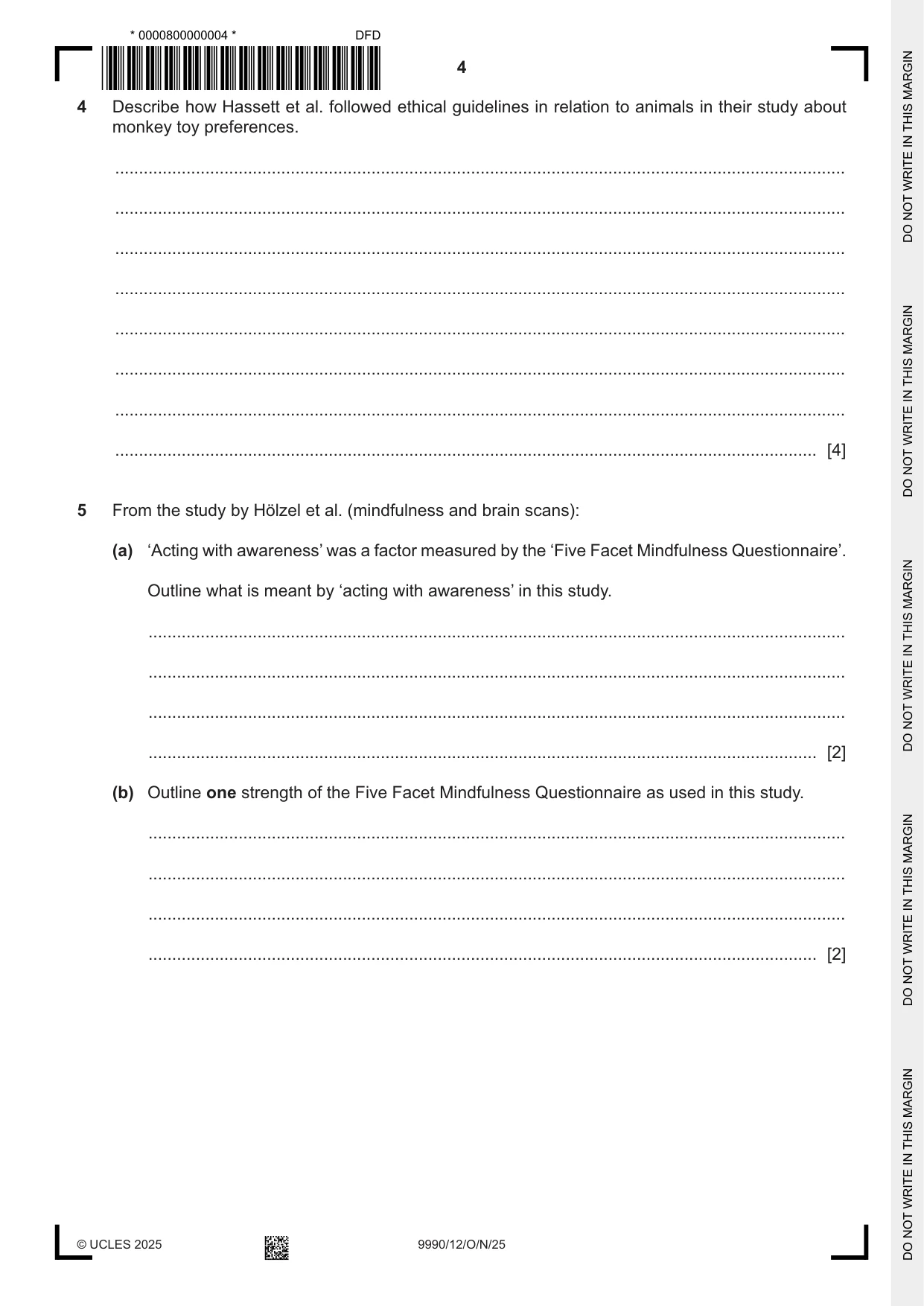 Cambridge A Level Psychology (from 2018) 9990 2025 Oct/Nov Paper 1 · Variant 2 question paper, page 4 of 12