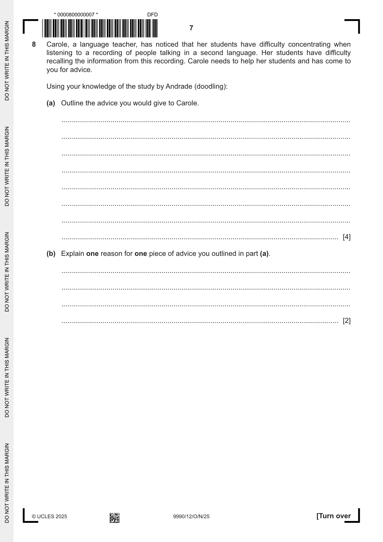 Cambridge A Level Psychology (from 2018) 9990 2025 Oct/Nov Paper 1 · Variant 2 question paper, page 7 of 12