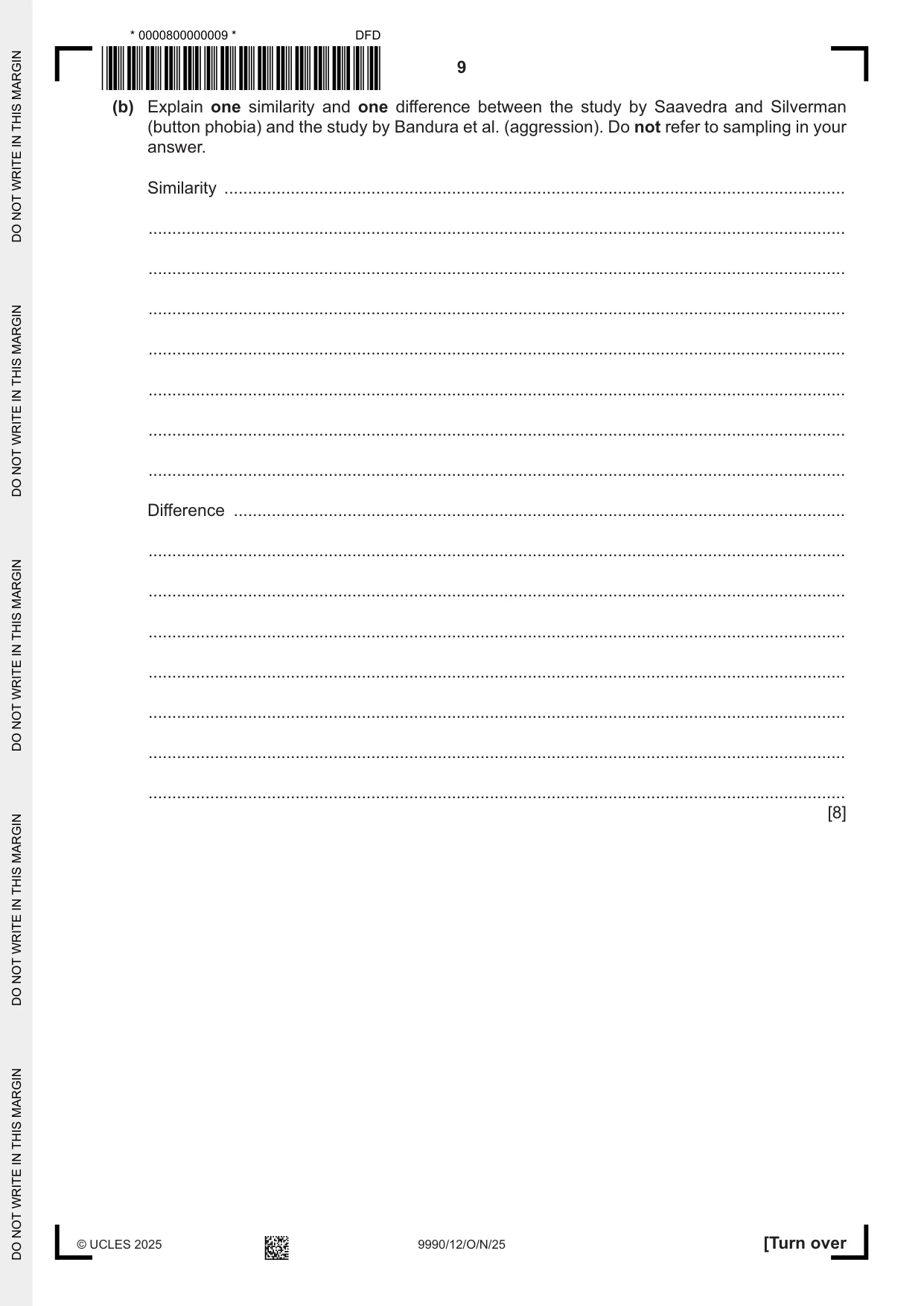 Cambridge A Level Psychology (from 2018) 9990 2025 Oct/Nov Paper 1 · Variant 2 question paper, page 9 of 12