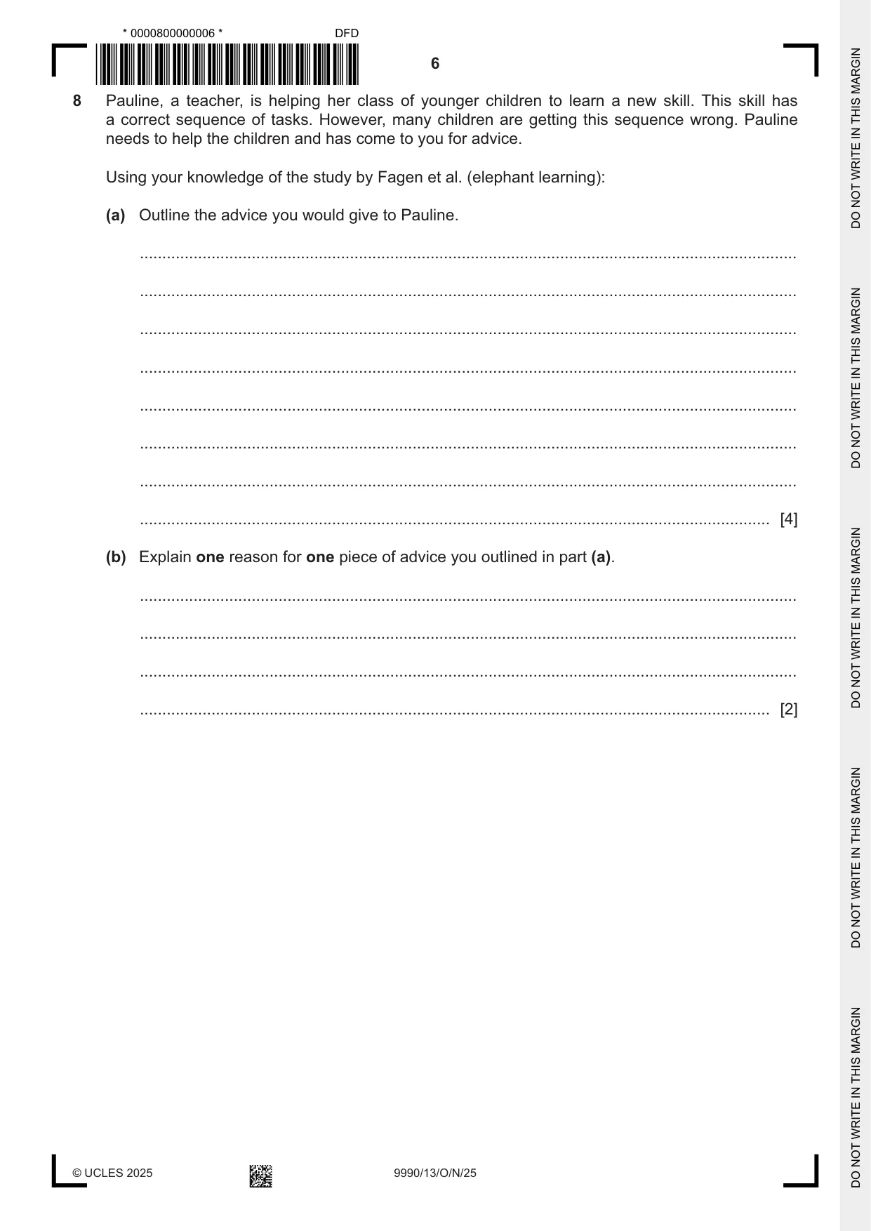 Cambridge A Level Psychology (from 2018) 9990 2025 Oct/Nov Paper 1 · Variant 3 question paper, page 6 of 12