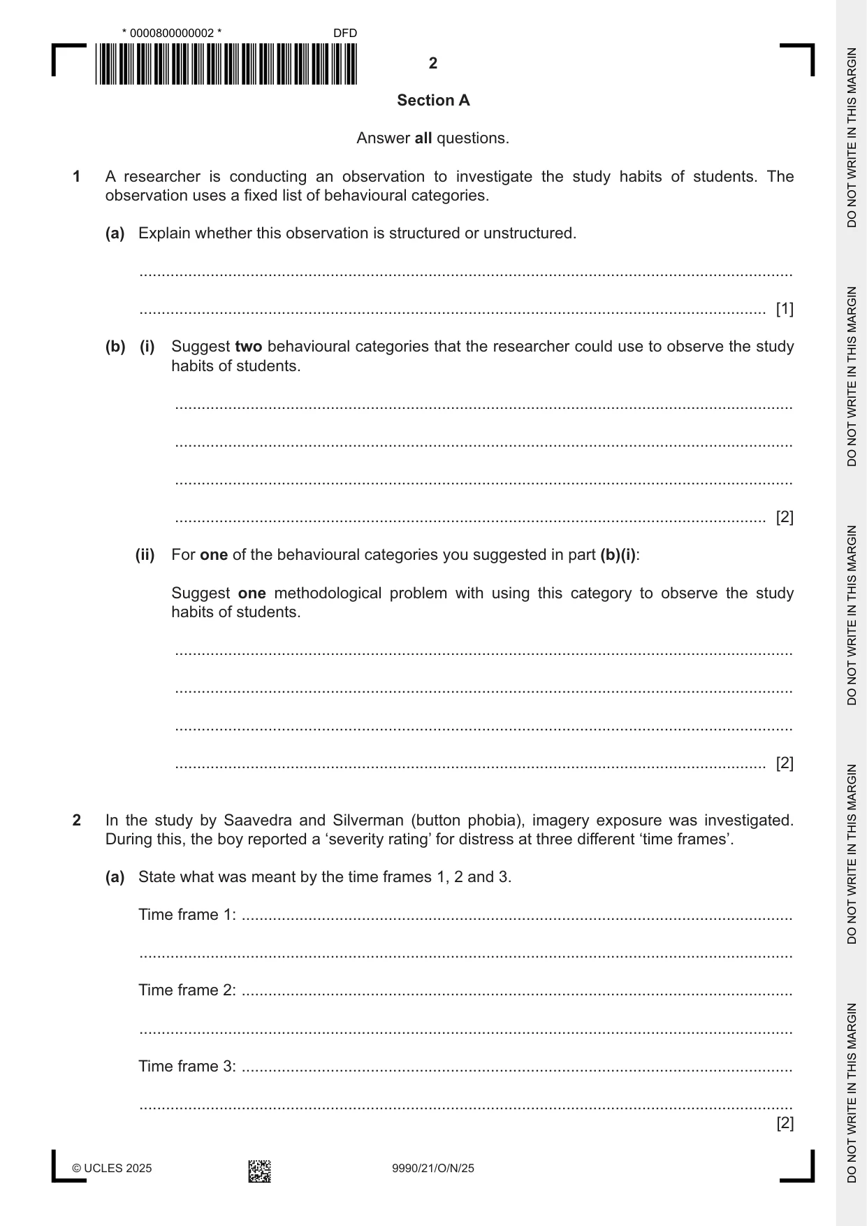 Cambridge A Level Psychology (from 2018) 9990 2025 Oct/Nov Paper 2 · Variant 1 question paper, page 2 of 12
