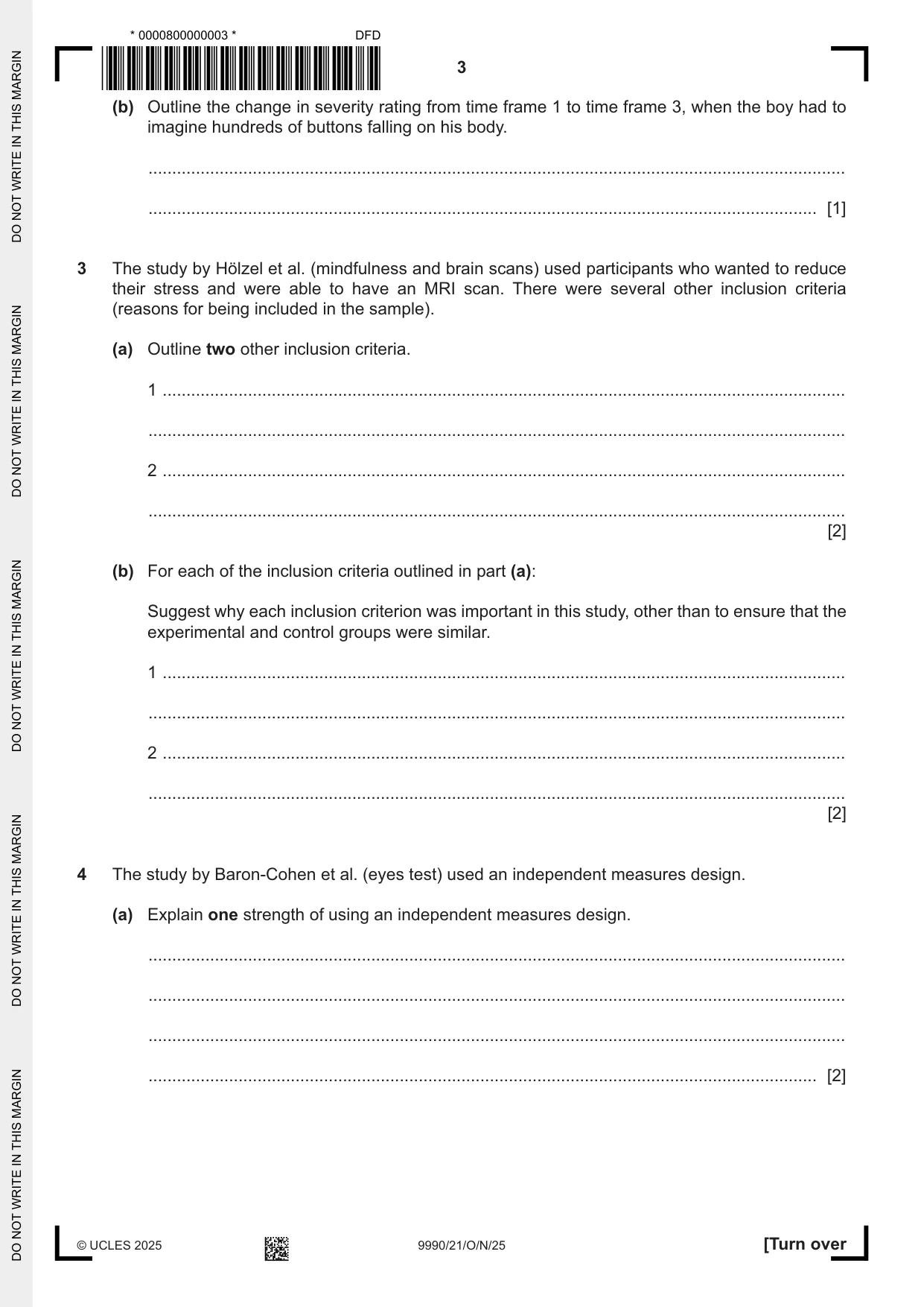 Cambridge A Level Psychology (from 2018) 9990 2025 Oct/Nov Paper 2 · Variant 1 question paper, page 3 of 12
