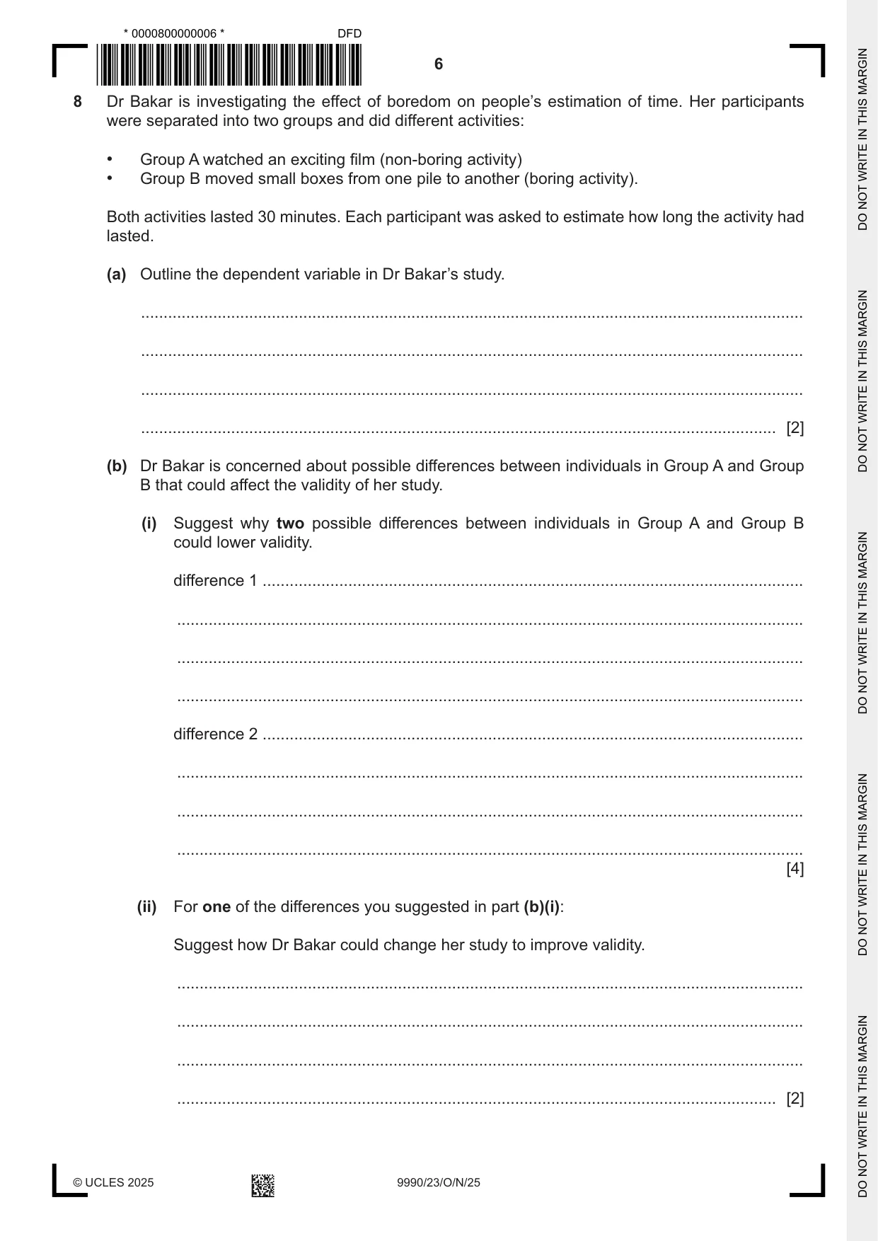 Cambridge A Level Psychology (from 2018) 9990 2025 Oct/Nov Paper 2 · Variant 3 question paper, page 6 of 12