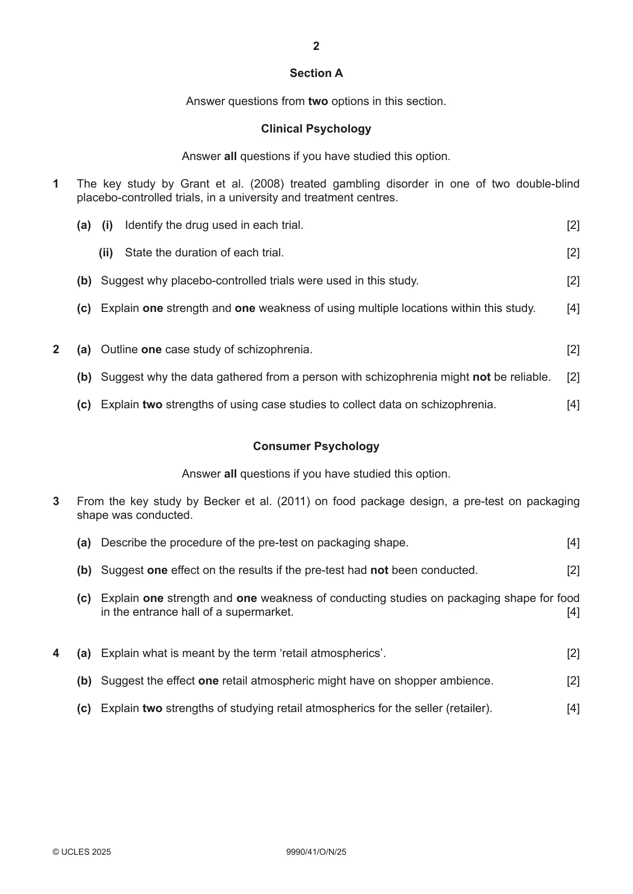 Cambridge A Level Psychology (from 2018) 9990 2025 Oct/Nov Paper 4 · Variant 1 question paper, page 2 of 8