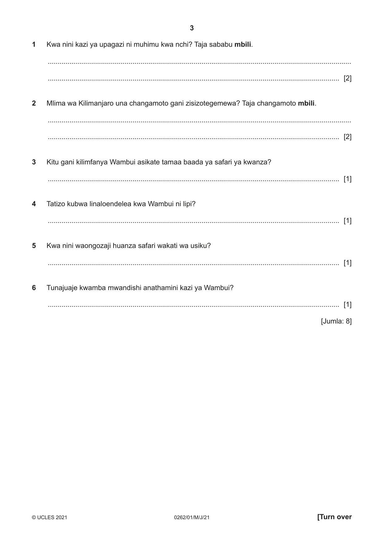 Cambridge IGCSE Swahili 0262 2021 May/June Paper 1 · Variant 0 question paper, page 3 of 16