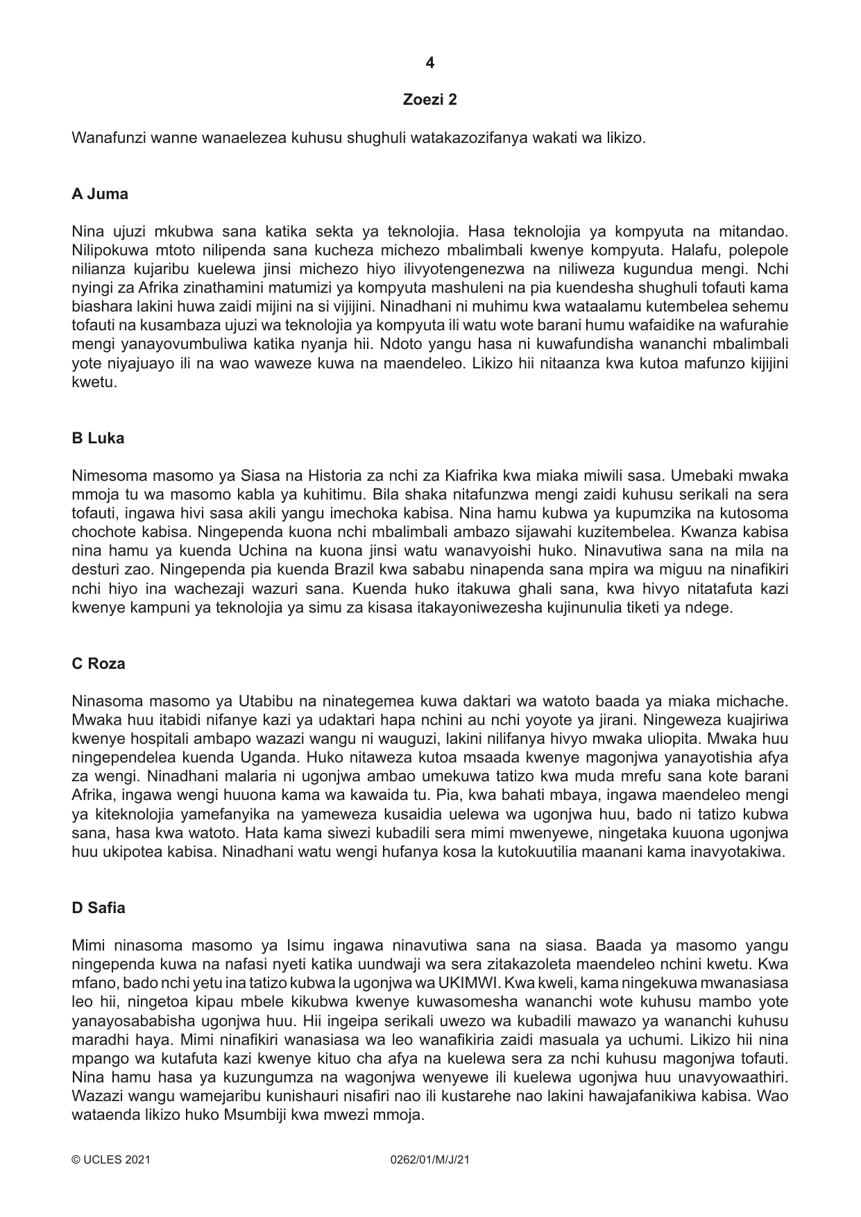 Cambridge IGCSE Swahili 0262 2021 May/June Paper 1 · Variant 0 question paper, page 4 of 16