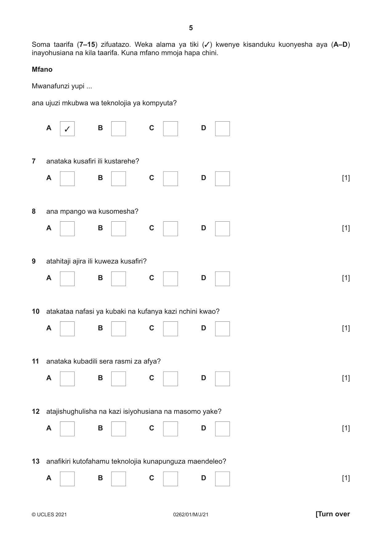 Cambridge IGCSE Swahili 0262 2021 May/June Paper 1 · Variant 0 question paper, page 5 of 16