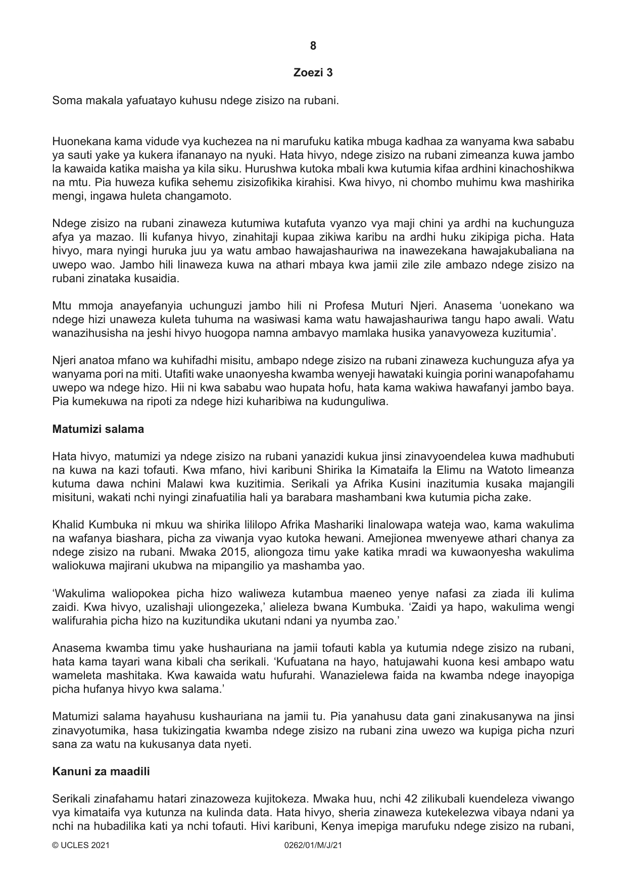 Cambridge IGCSE Swahili 0262 2021 May/June Paper 1 · Variant 0 question paper, page 8 of 16