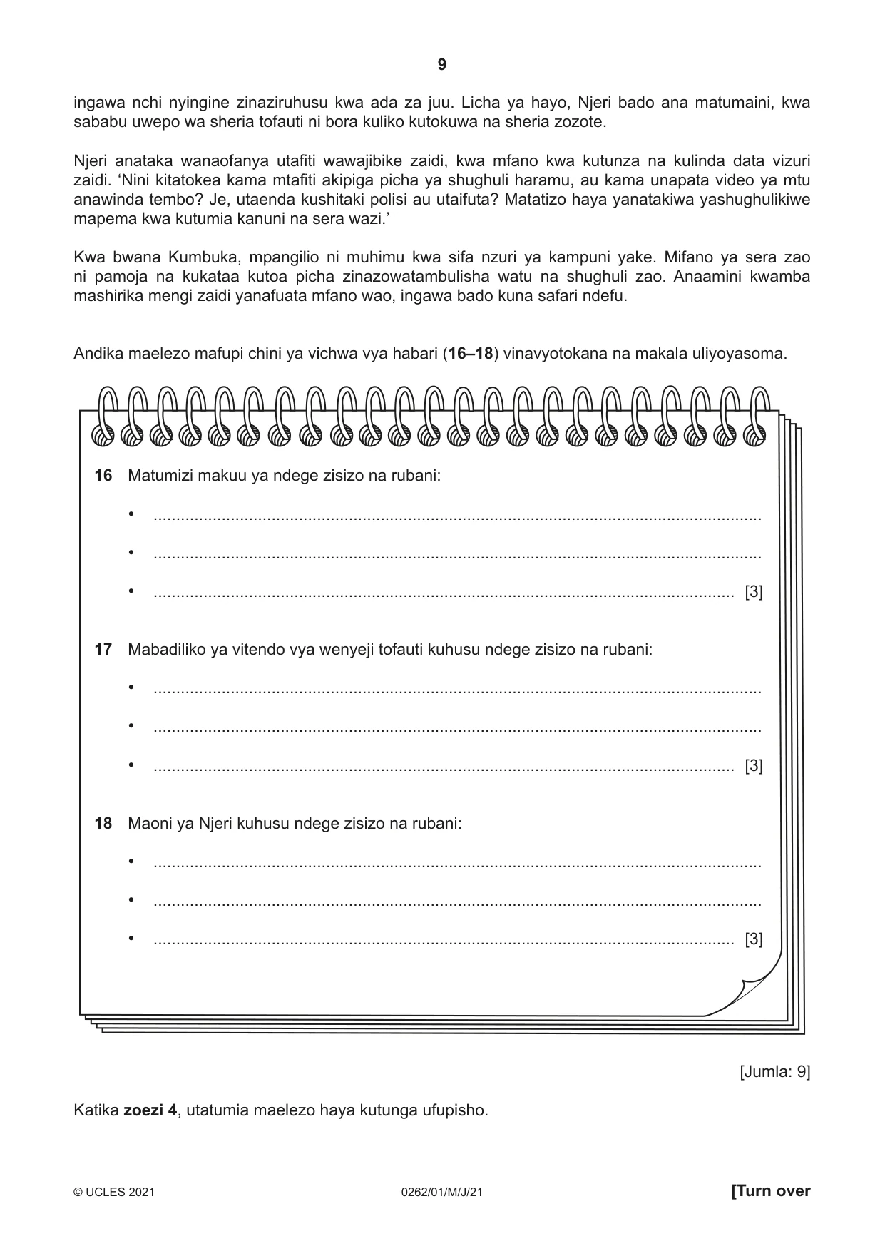 Cambridge IGCSE Swahili 0262 2021 May/June Paper 1 · Variant 0 question paper, page 9 of 16