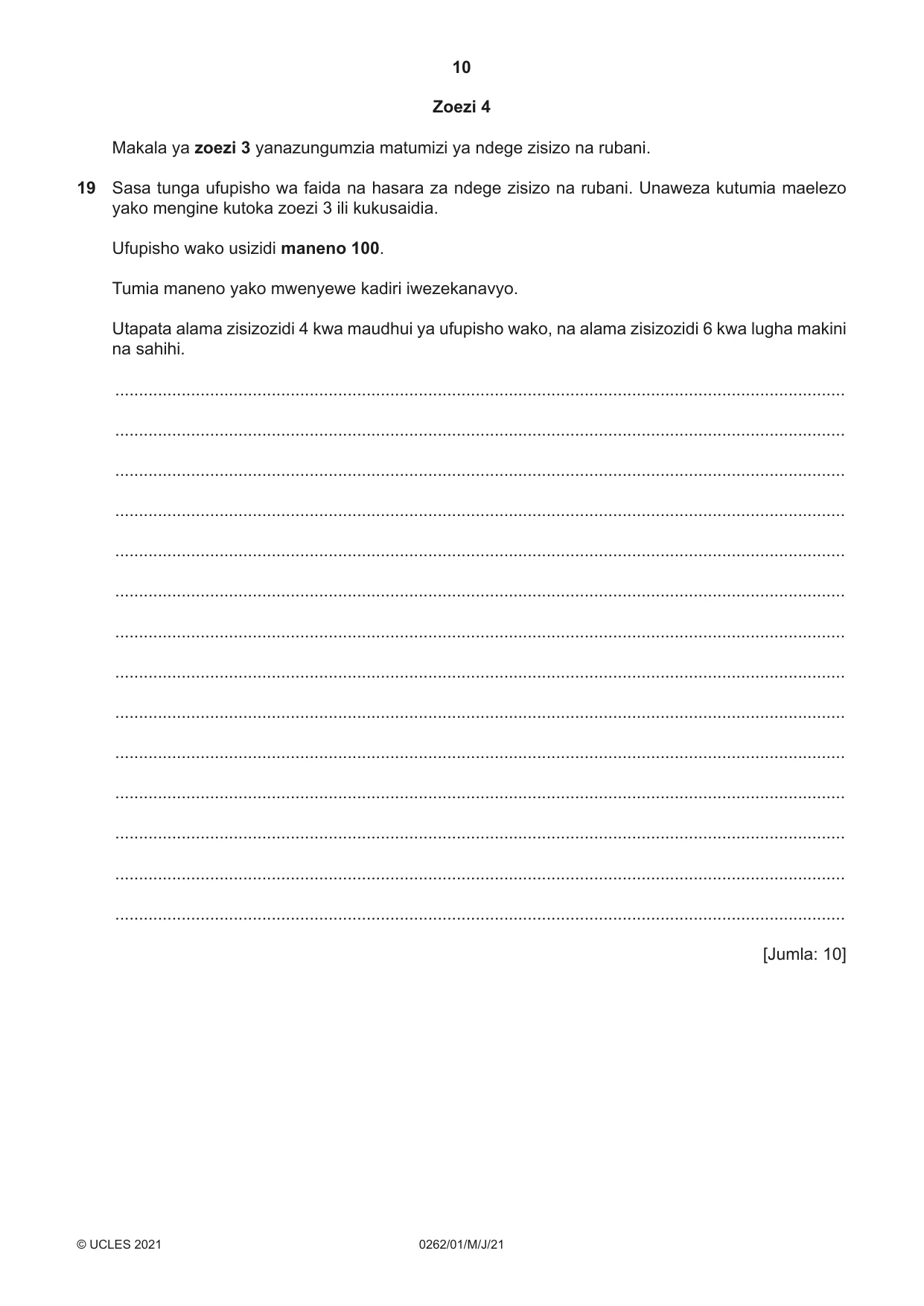 Cambridge IGCSE Swahili 0262 2021 May/June Paper 1 · Variant 0 question paper, page 10 of 16