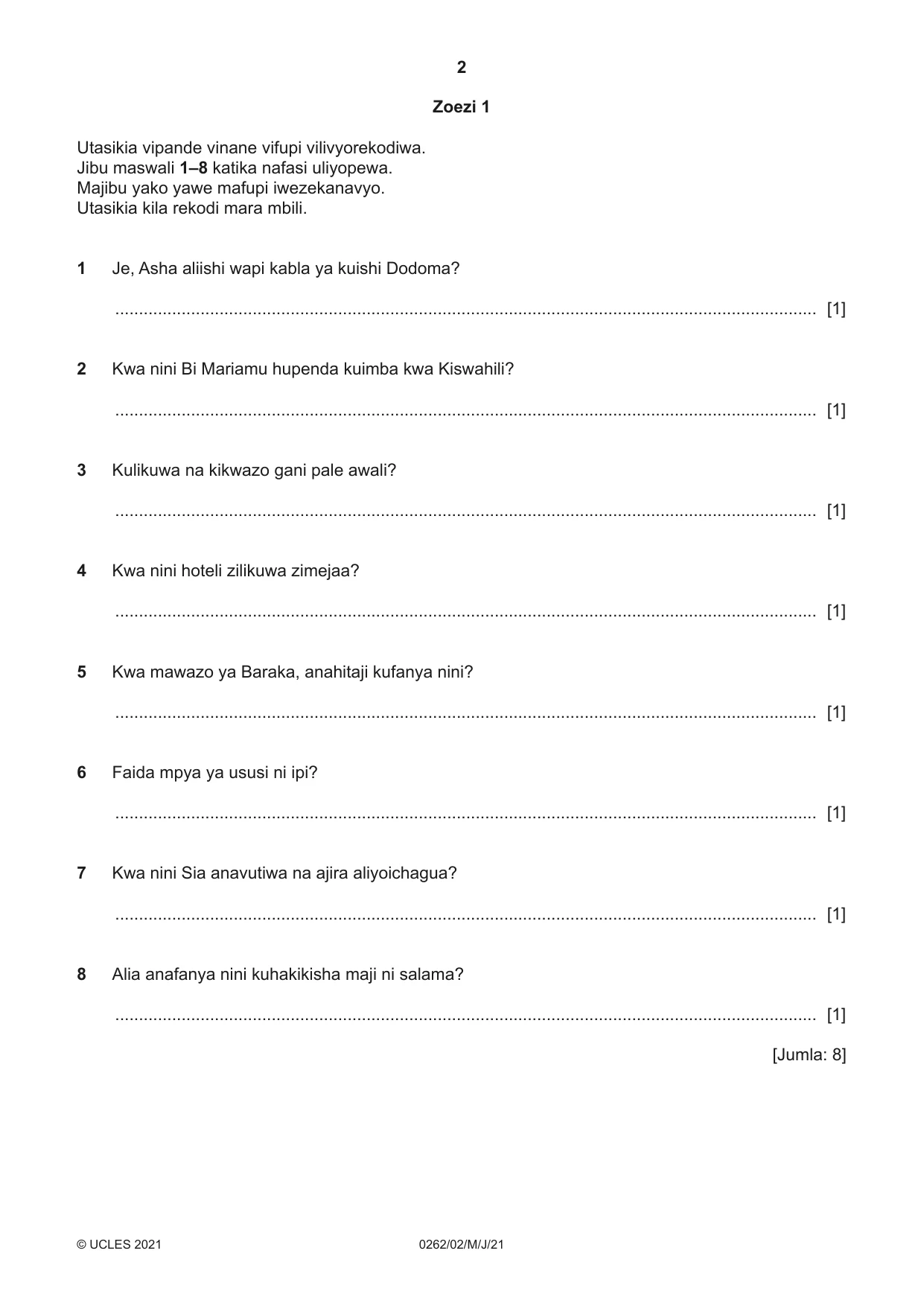 Cambridge IGCSE Swahili 0262 2021 May/June Paper 2 · Variant 0 question paper, page 2 of 8