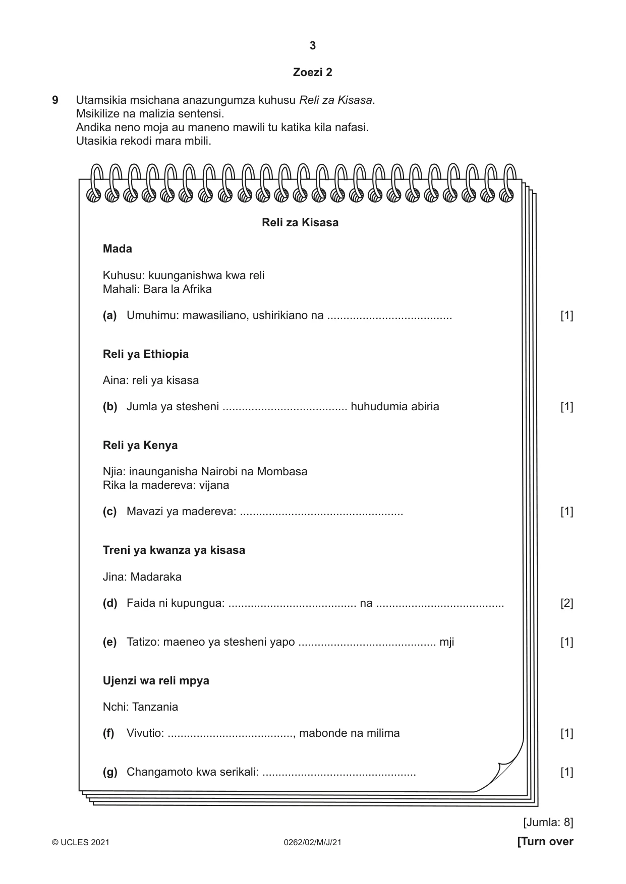 Cambridge IGCSE Swahili 0262 2021 May/June Paper 2 · Variant 0 question paper, page 3 of 8
