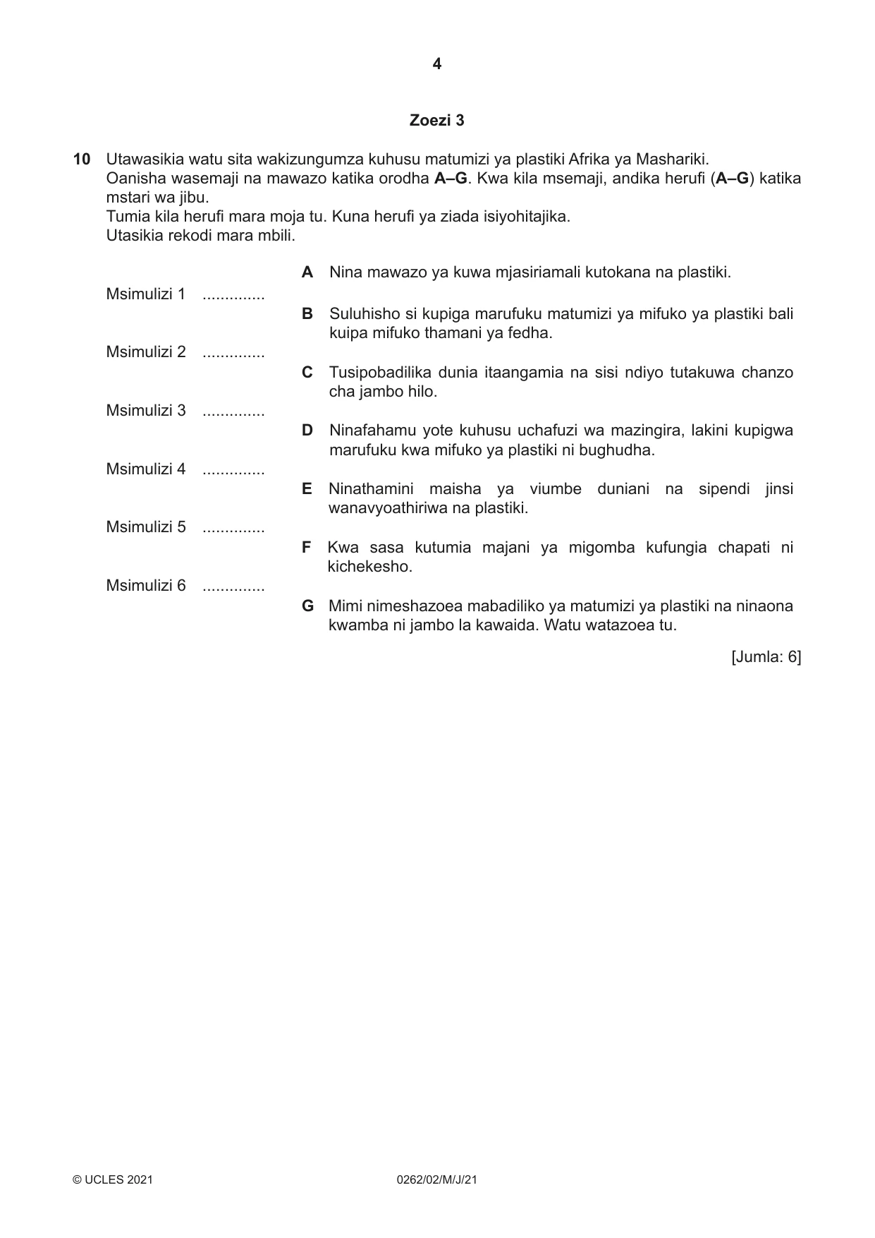 Cambridge IGCSE Swahili 0262 2021 May/June Paper 2 · Variant 0 question paper, page 4 of 8