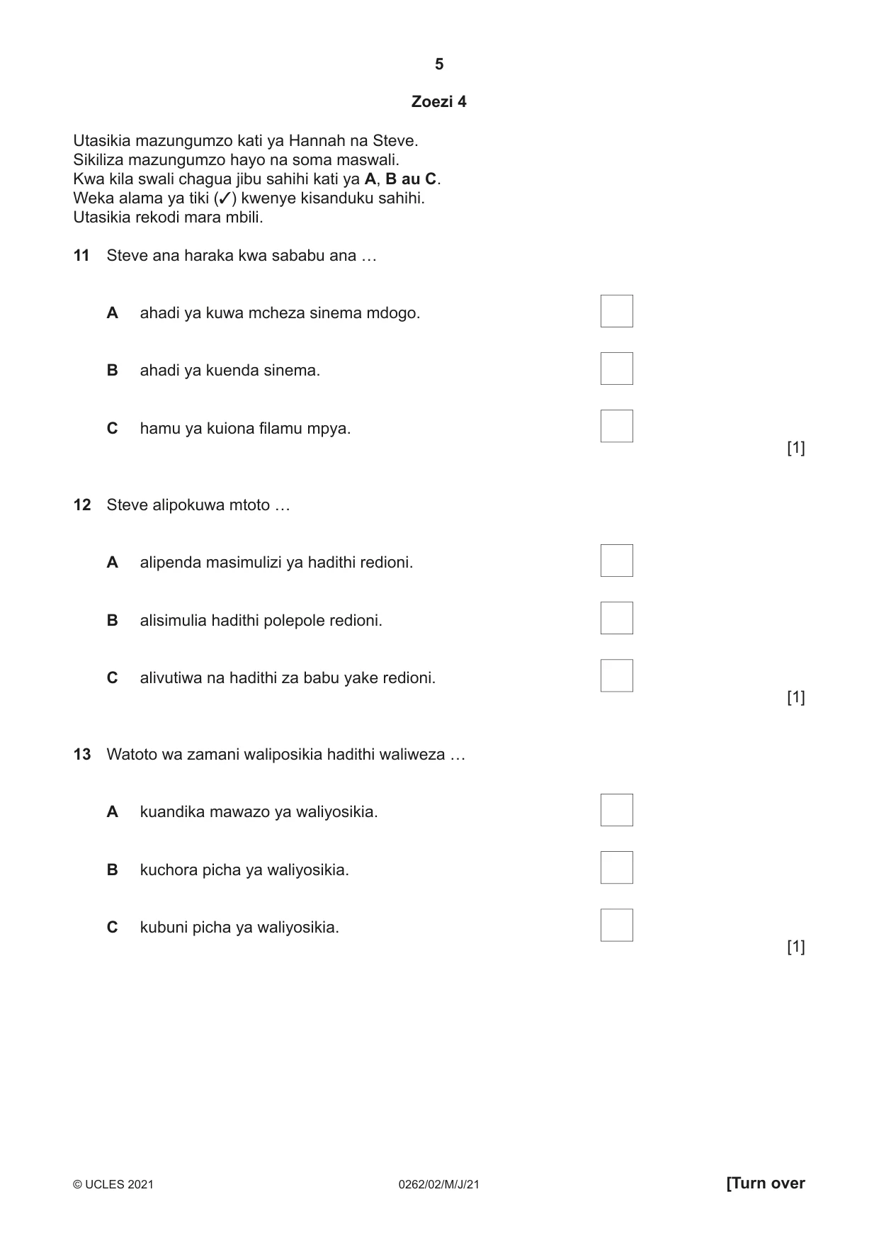 Cambridge IGCSE Swahili 0262 2021 May/June Paper 2 · Variant 0 question paper, page 5 of 8