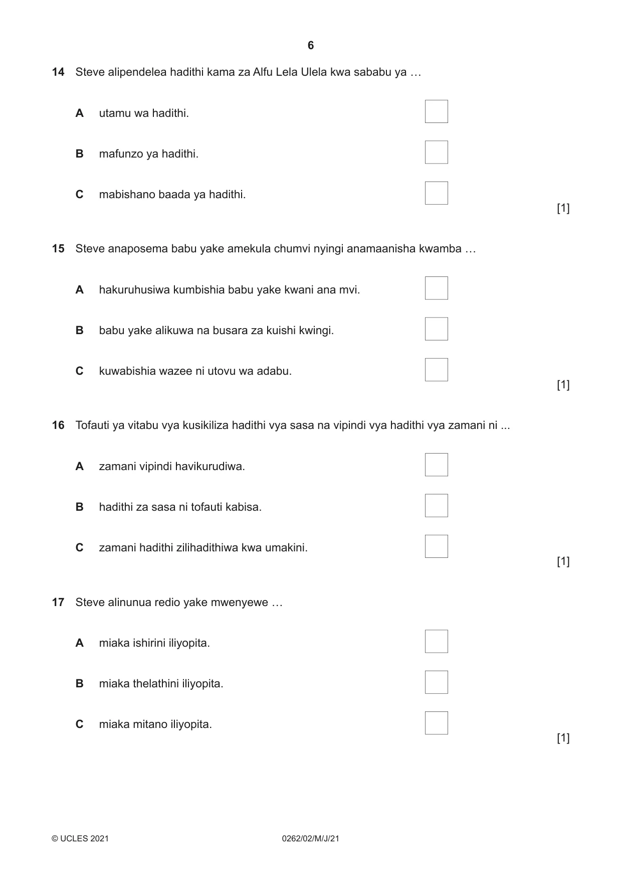 Cambridge IGCSE Swahili 0262 2021 May/June Paper 2 · Variant 0 question paper, page 6 of 8