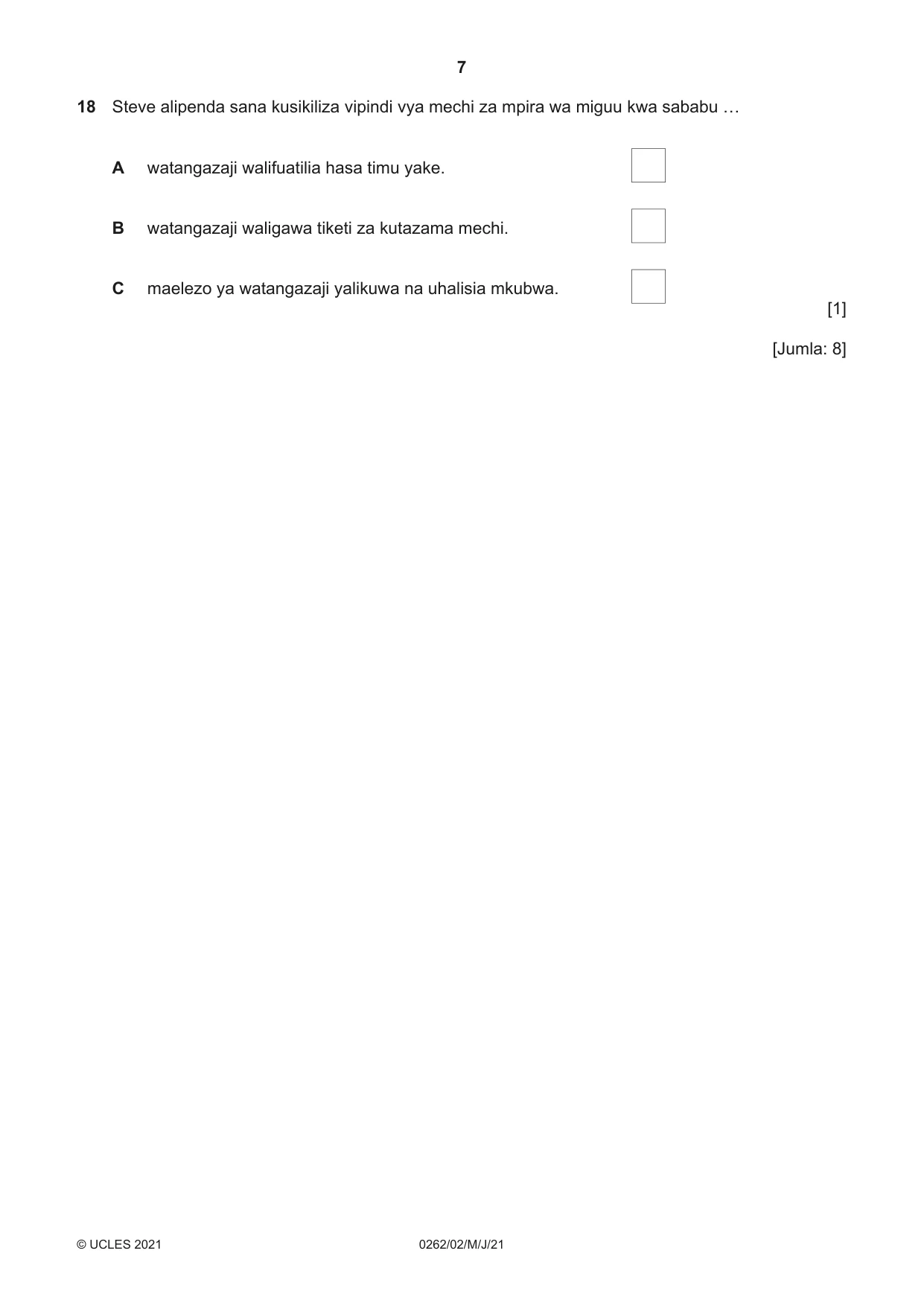 Cambridge IGCSE Swahili 0262 2021 May/June Paper 2 · Variant 0 question paper, page 7 of 8