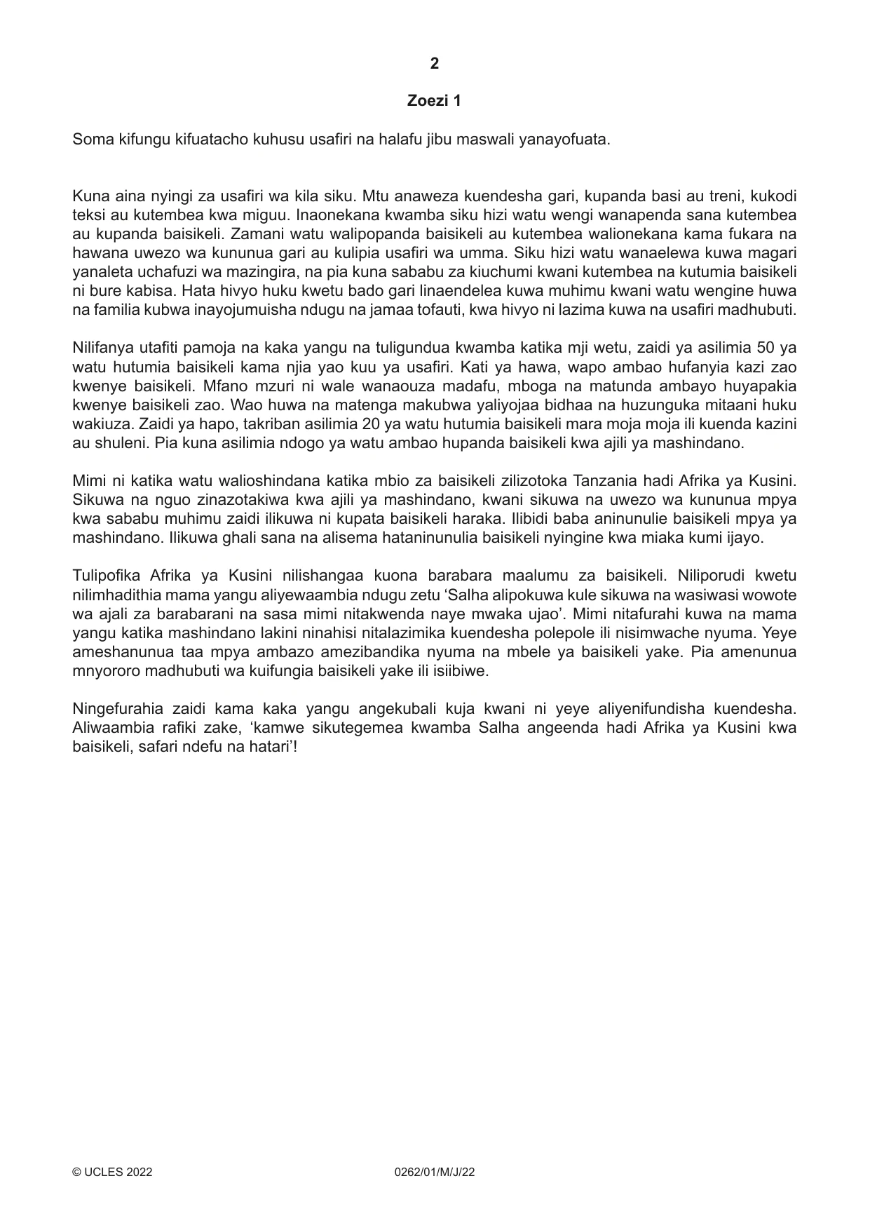Cambridge IGCSE Swahili 0262 2022 May/June Paper 1 · Variant 0 question paper, page 2 of 16