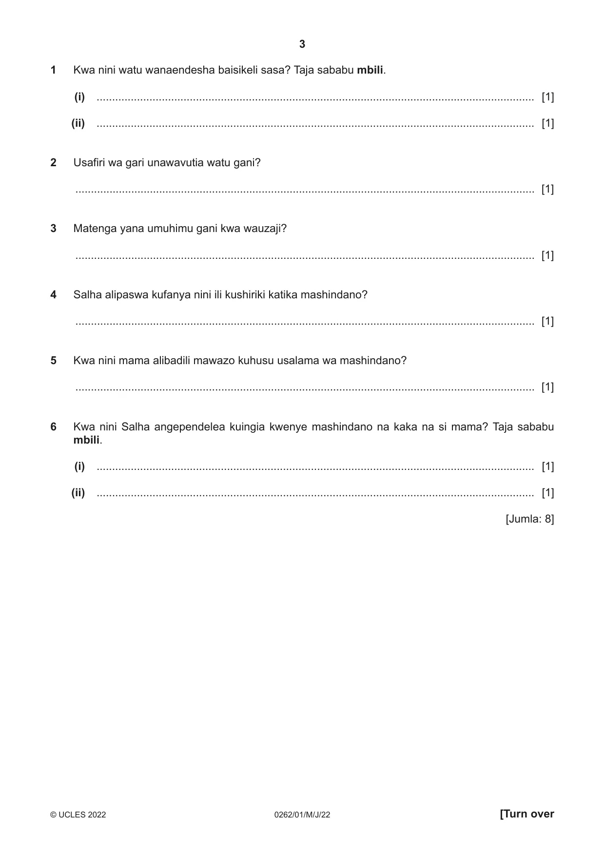 Cambridge IGCSE Swahili 0262 2022 May/June Paper 1 · Variant 0 question paper, page 3 of 16