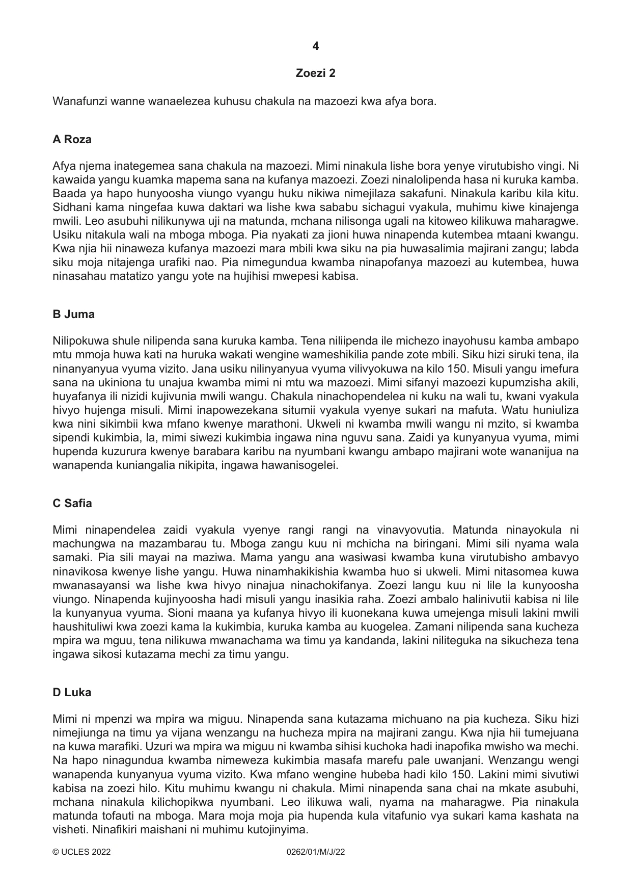 Cambridge IGCSE Swahili 0262 2022 May/June Paper 1 · Variant 0 question paper, page 4 of 16