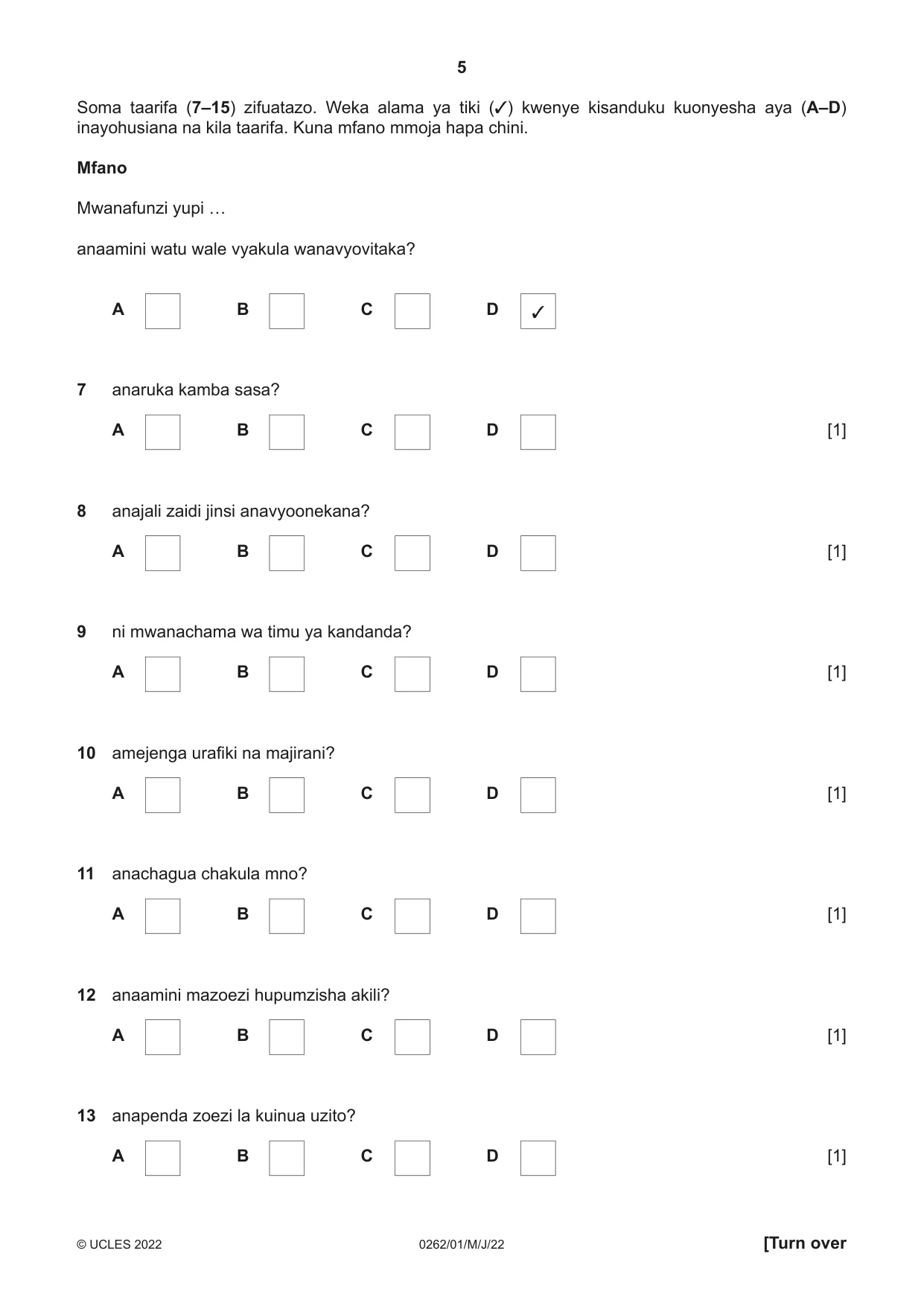 Cambridge IGCSE Swahili 0262 2022 May/June Paper 1 · Variant 0 question paper, page 5 of 16