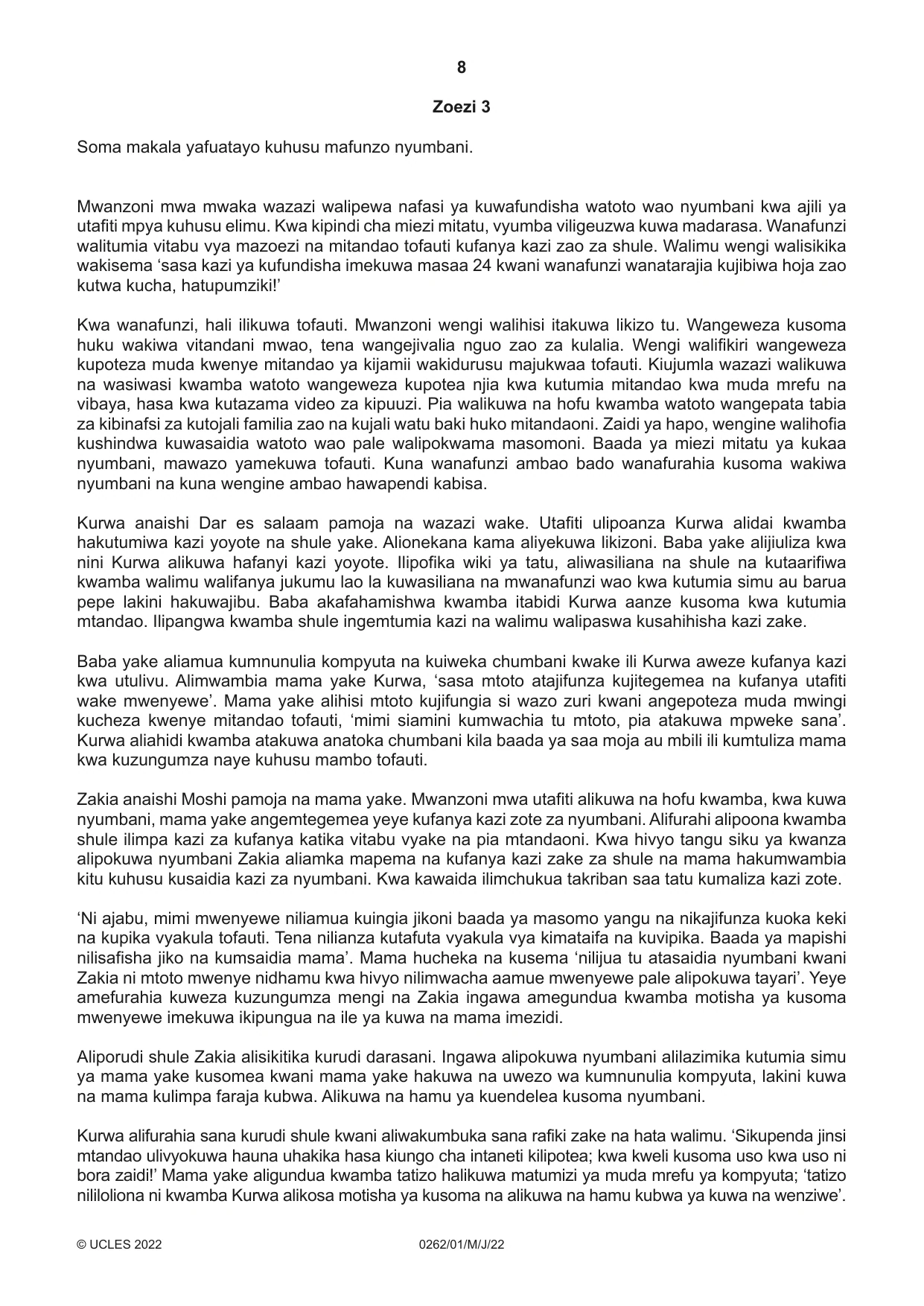 Cambridge IGCSE Swahili 0262 2022 May/June Paper 1 · Variant 0 question paper, page 8 of 16