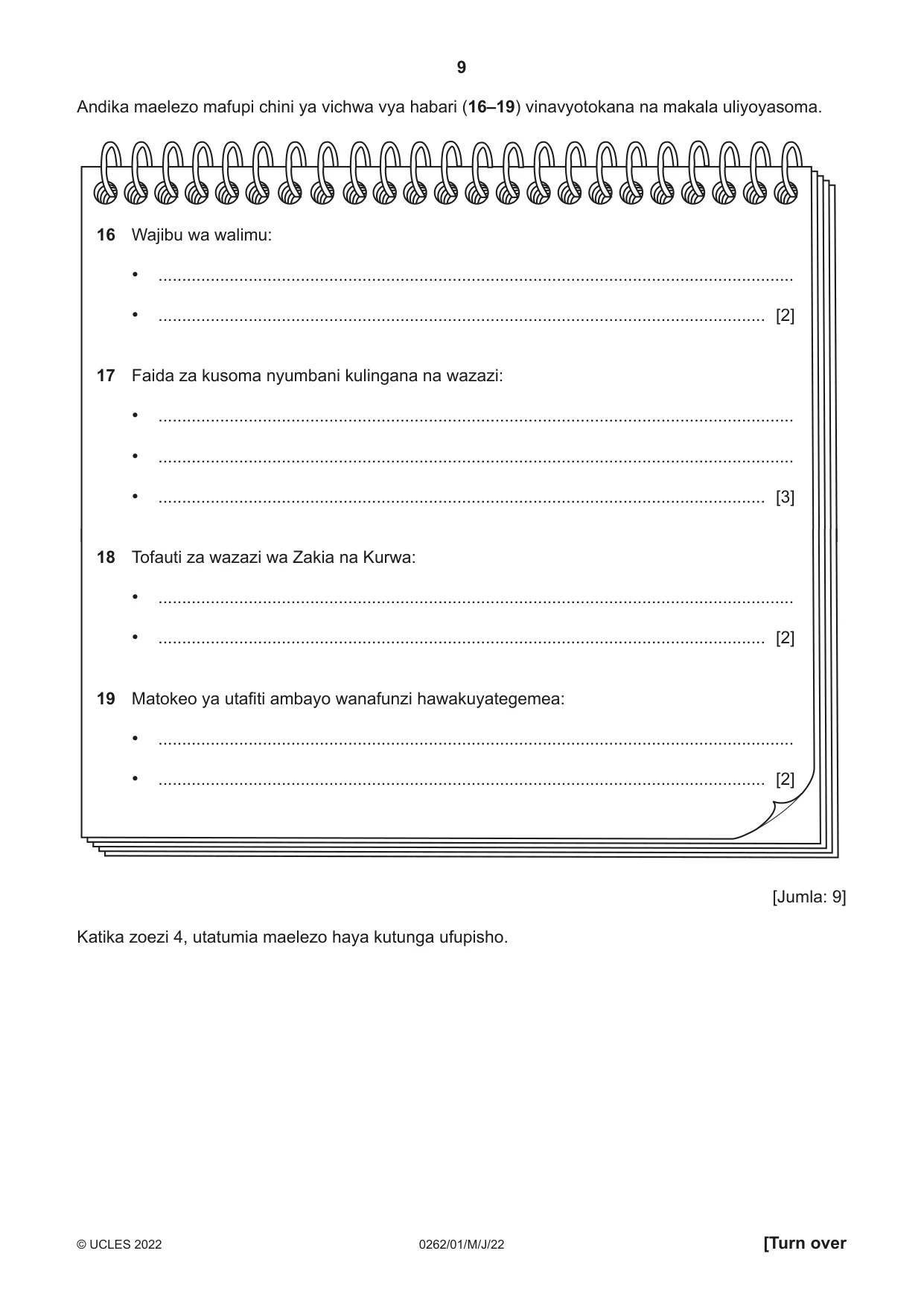 Cambridge IGCSE Swahili 0262 2022 May/June Paper 1 · Variant 0 question paper, page 9 of 16
