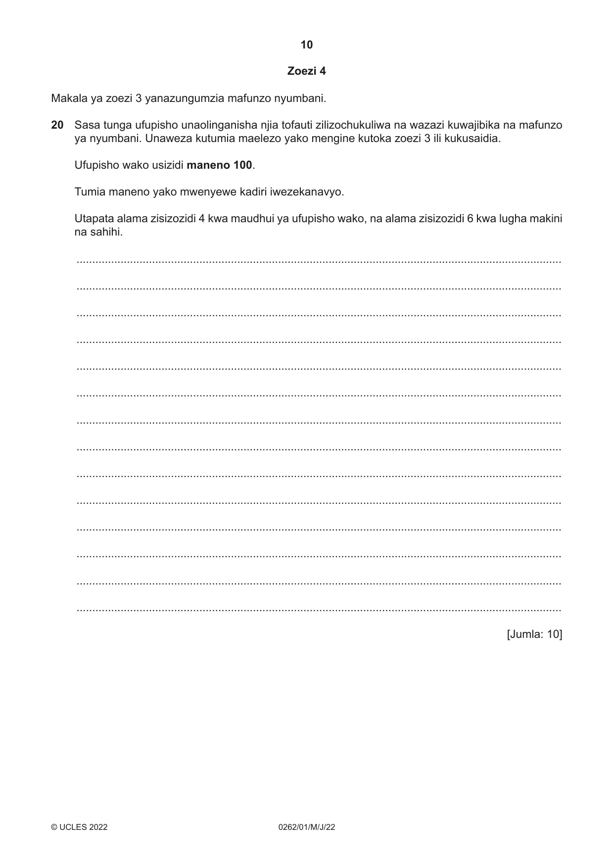 Cambridge IGCSE Swahili 0262 2022 May/June Paper 1 · Variant 0 question paper, page 10 of 16