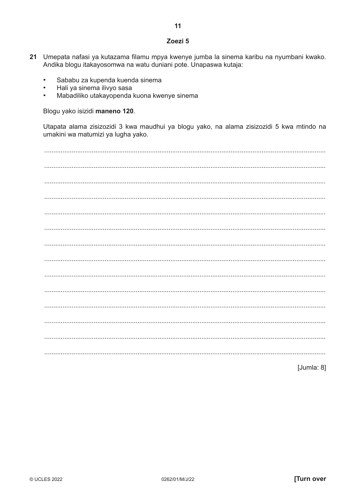 Cambridge IGCSE Swahili 0262 2022 May/June Paper 1 · Variant 0 question paper, page 11 of 16