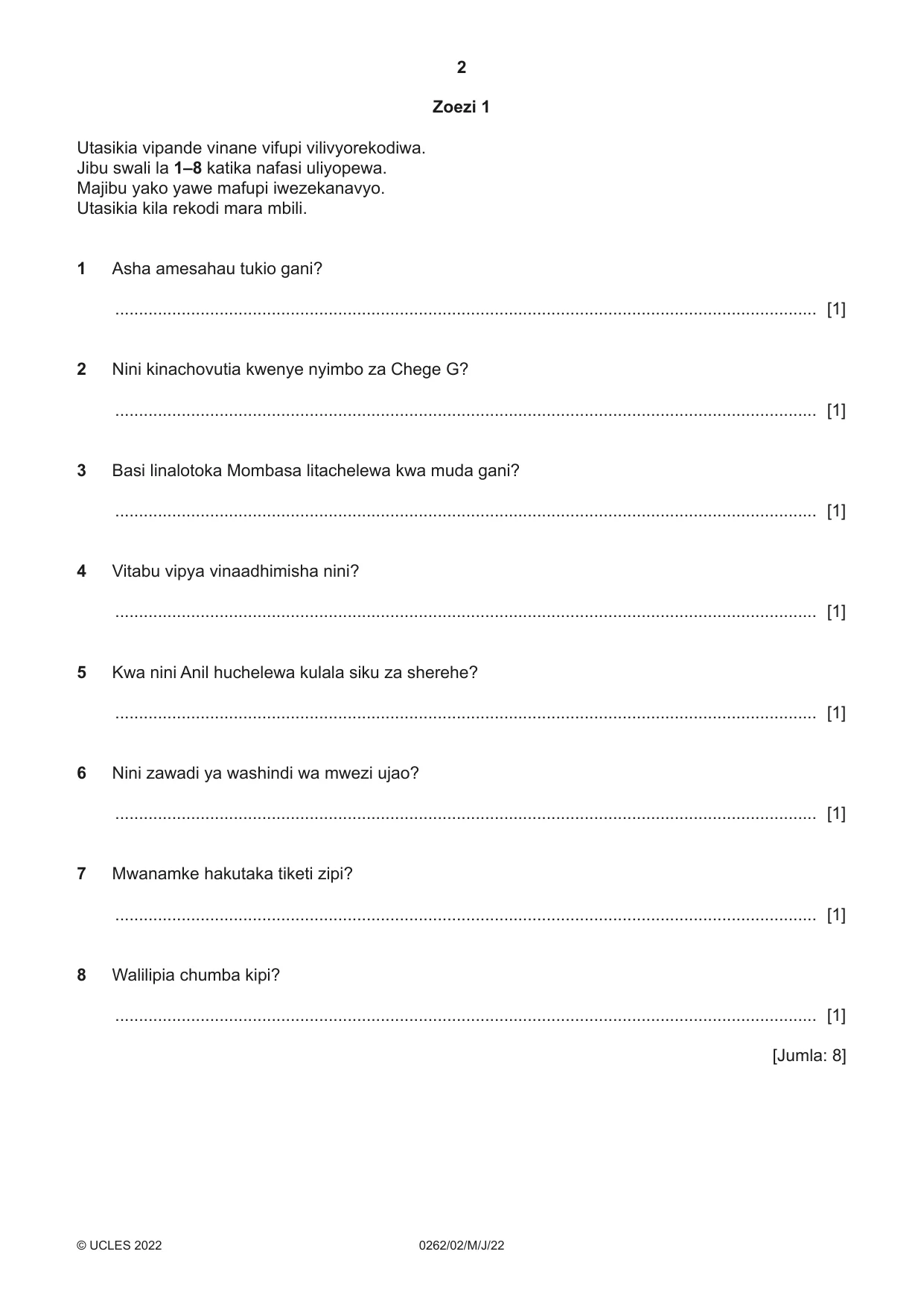 Cambridge IGCSE Swahili 0262 2022 May/June Paper 2 · Variant 0 question paper, page 2 of 8