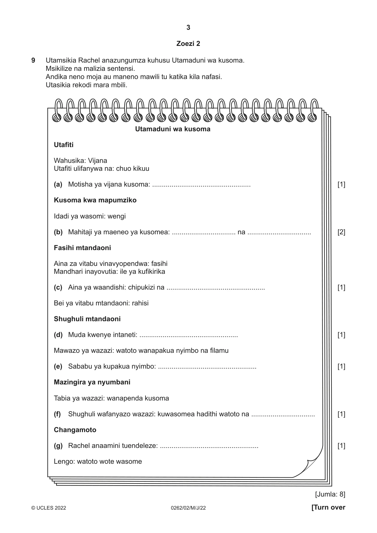 Cambridge IGCSE Swahili 0262 2022 May/June Paper 2 · Variant 0 question paper, page 3 of 8