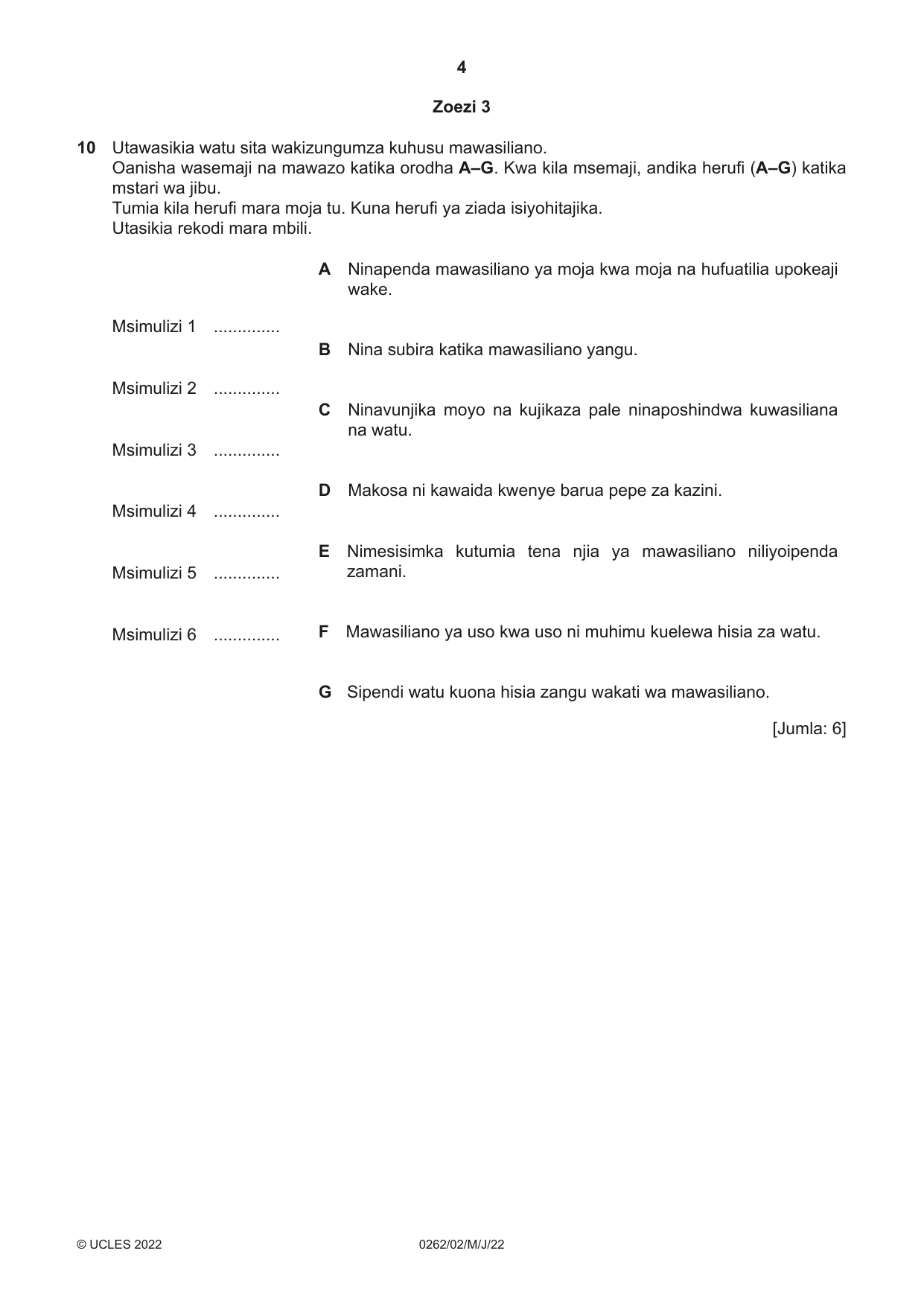 Cambridge IGCSE Swahili 0262 2022 May/June Paper 2 · Variant 0 question paper, page 4 of 8