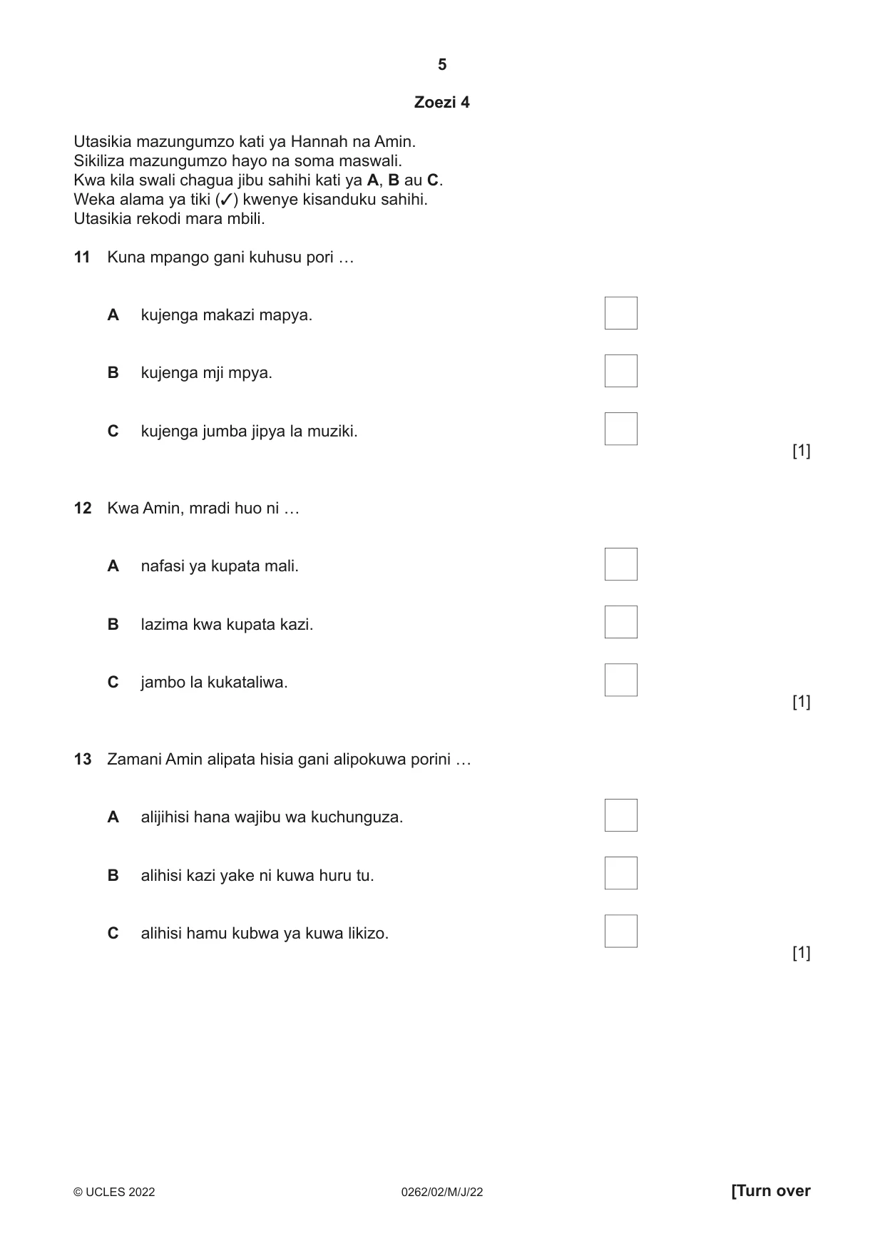 Cambridge IGCSE Swahili 0262 2022 May/June Paper 2 · Variant 0 question paper, page 5 of 8