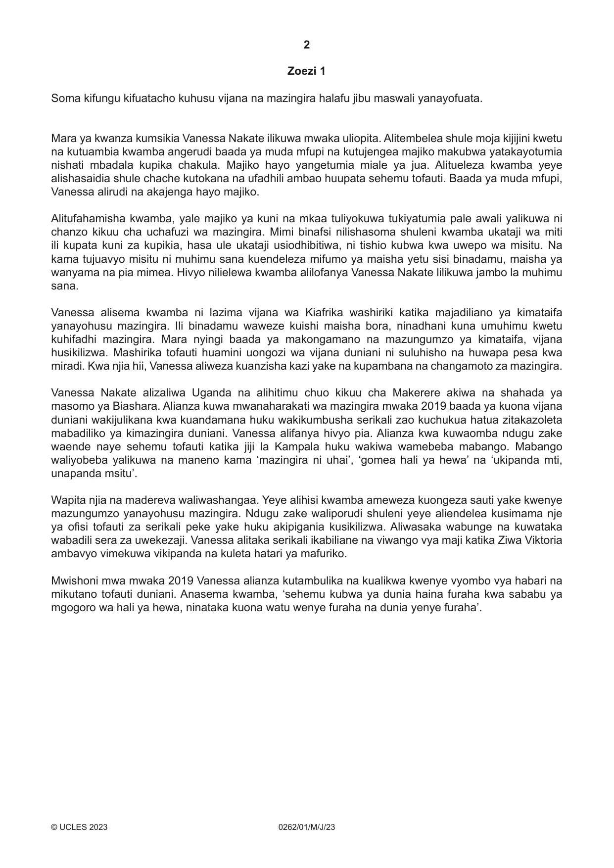 Cambridge IGCSE Swahili 0262 2023 May/June Paper 1 · Variant 0 question paper, page 2 of 16
