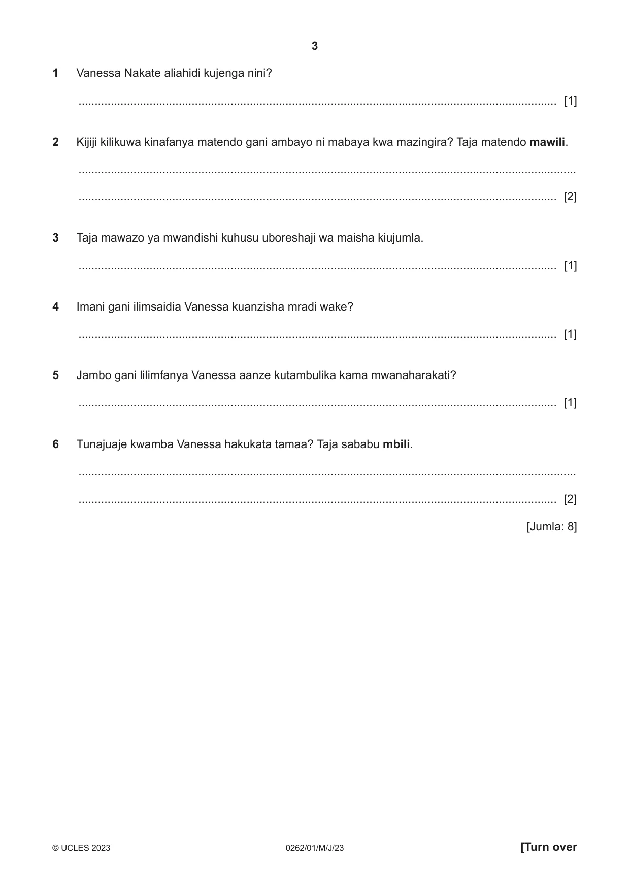 Cambridge IGCSE Swahili 0262 2023 May/June Paper 1 · Variant 0 question paper, page 3 of 16
