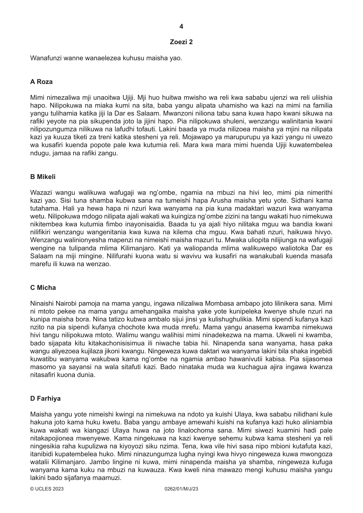 Cambridge IGCSE Swahili 0262 2023 May/June Paper 1 · Variant 0 question paper, page 4 of 16