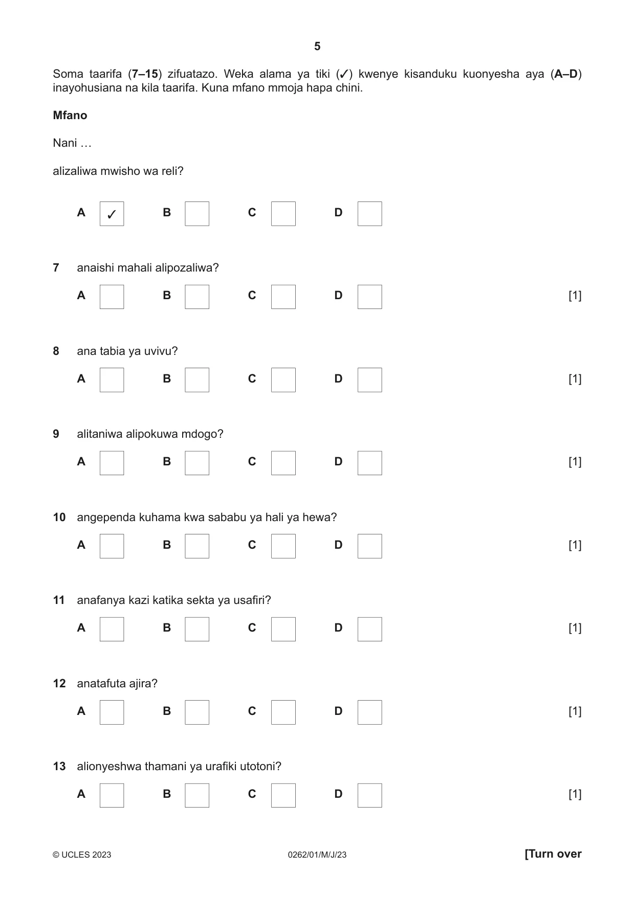 Cambridge IGCSE Swahili 0262 2023 May/June Paper 1 · Variant 0 question paper, page 5 of 16